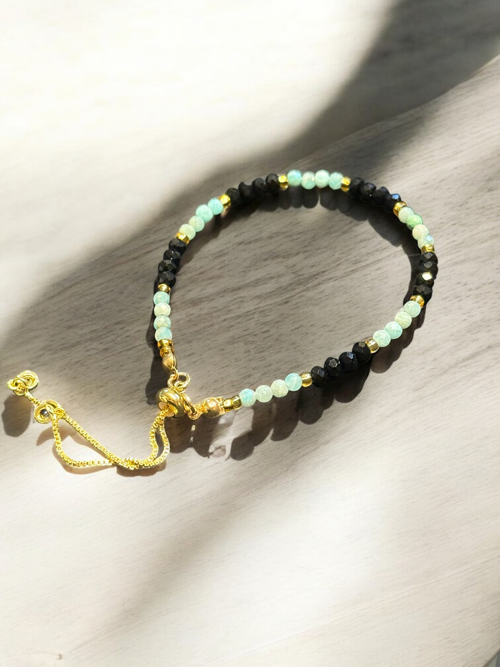 Adjustable Amazonite Bracelet - Gold with Black Faced Beads & Adjustable Design