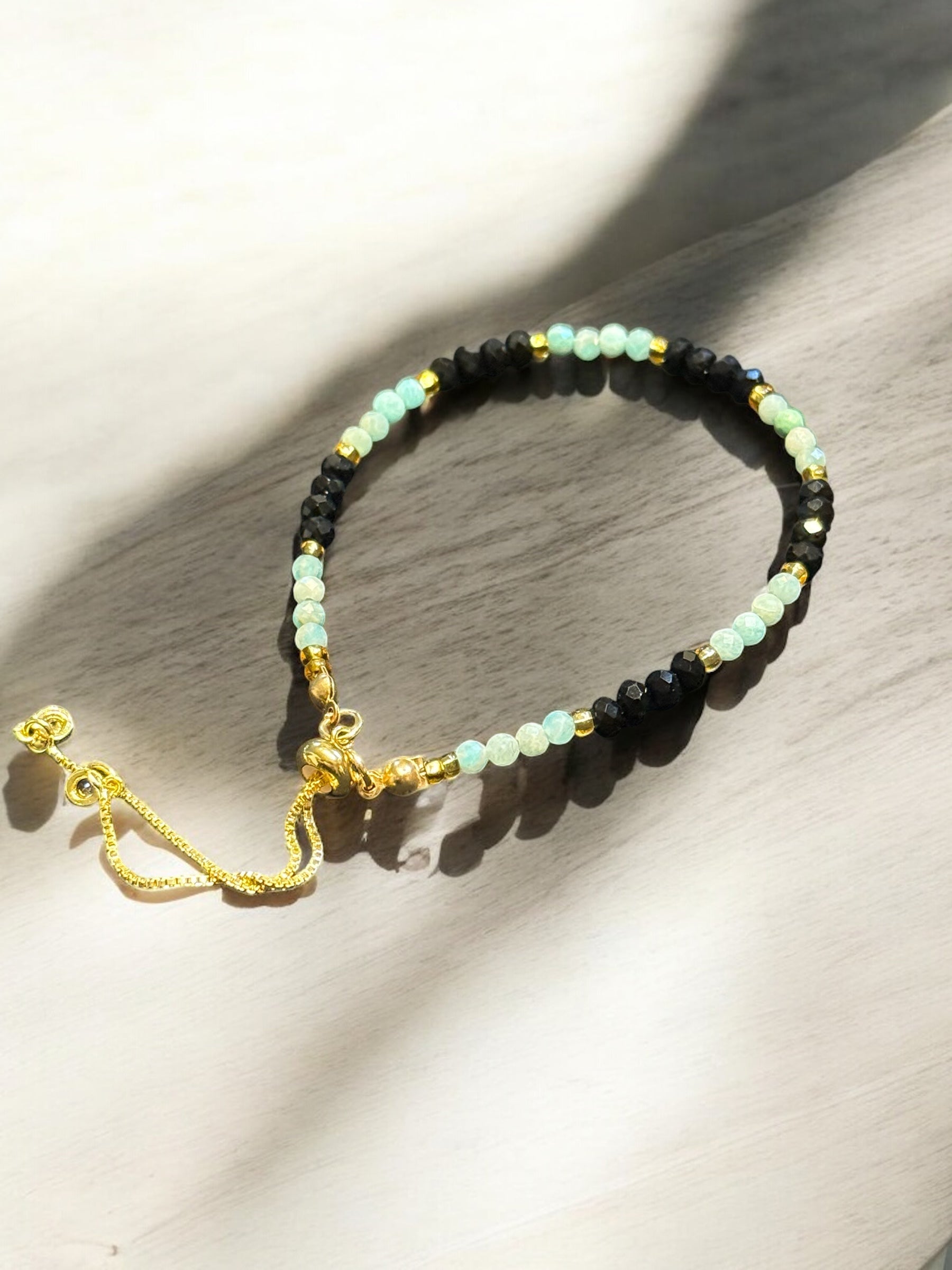 Adjustable Amazonite Bracelet - Gold with Black Faced Beads & Adjustable Design