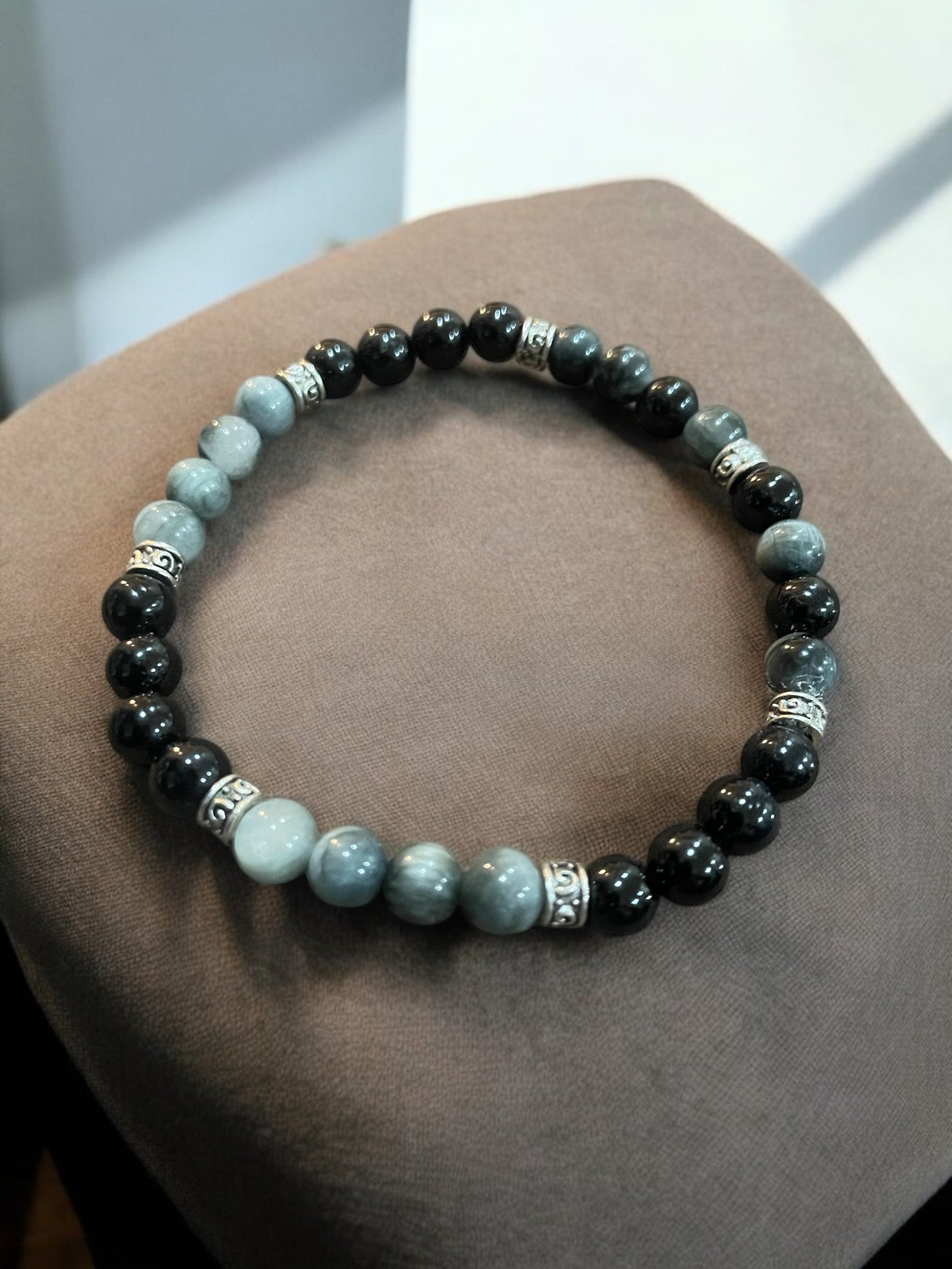 Handmade Black Hawk Eye Beaded Bracelet with Silver Spacers
