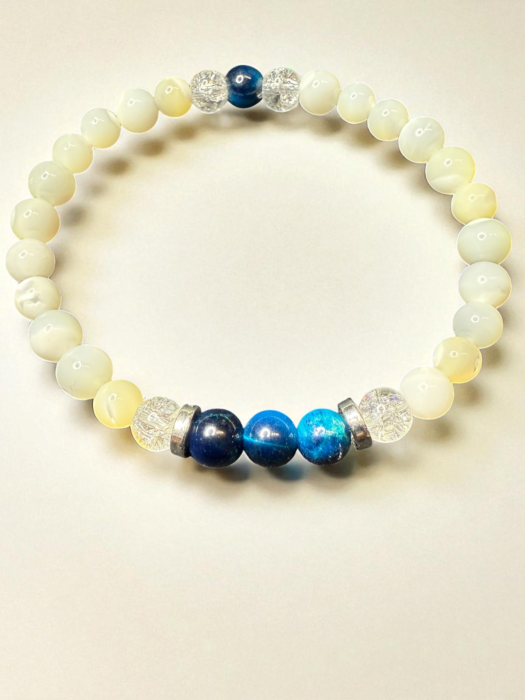 Aquamarine Tiger Eye Bead Bracelet: Mother of Pearl Stretch Jewelry