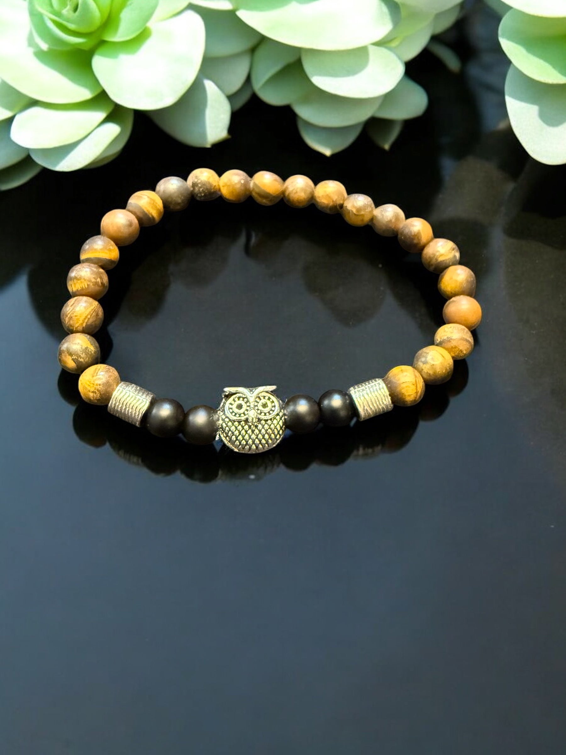 Matte Tiger Eye Bracelet with Silver Owl