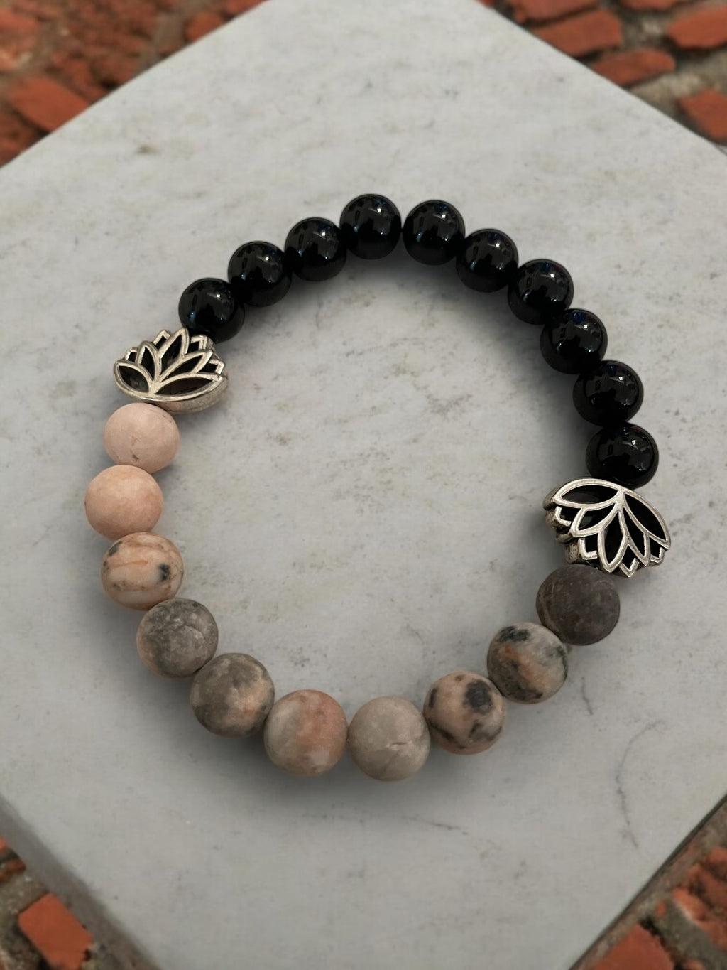 Lotus Charm Bracelet: Black Glass, Howlite, or Agate Gemstone