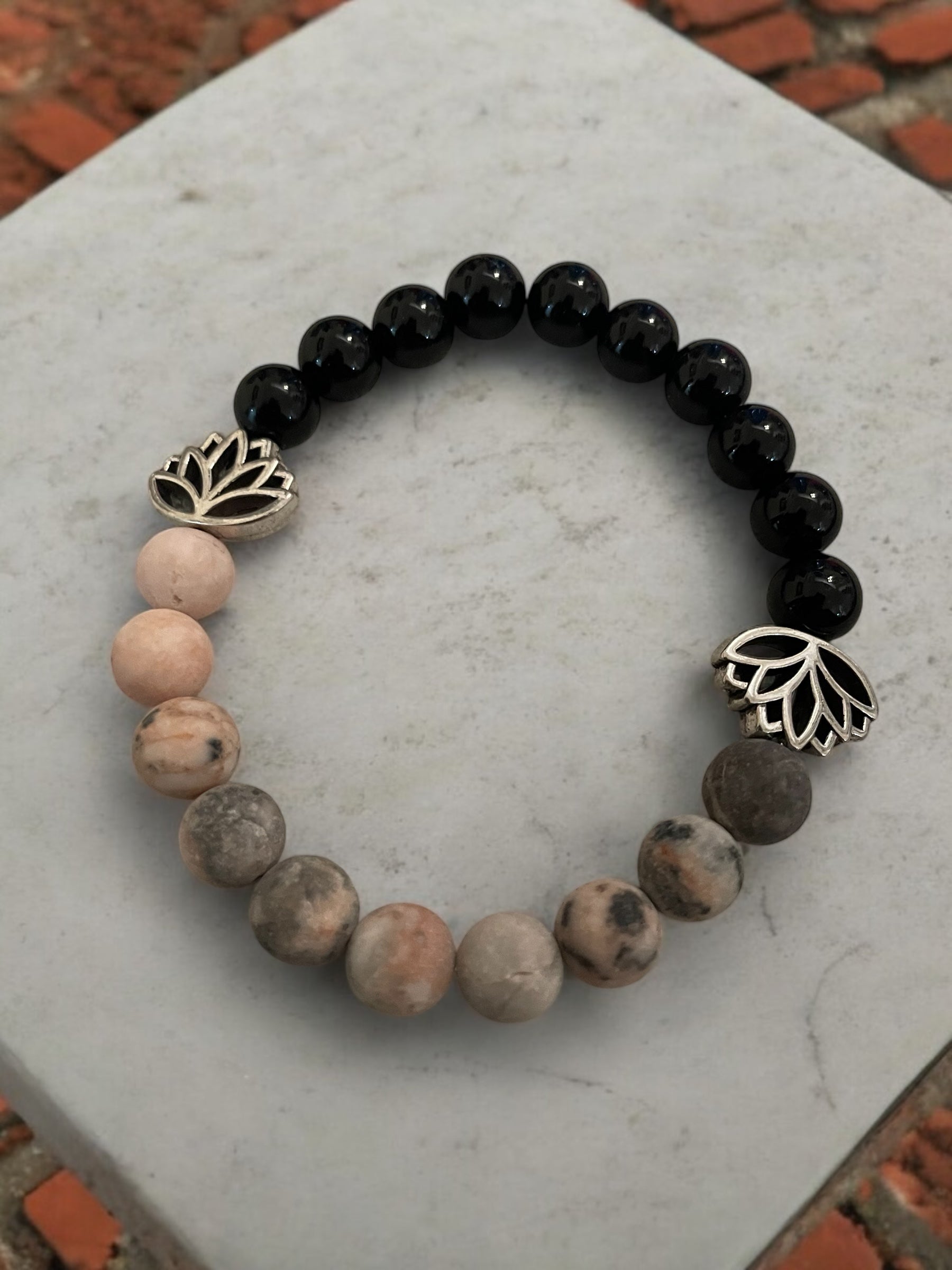 Lotus Charm Bracelet: Black Glass, Howlite, or Agate Gemstone