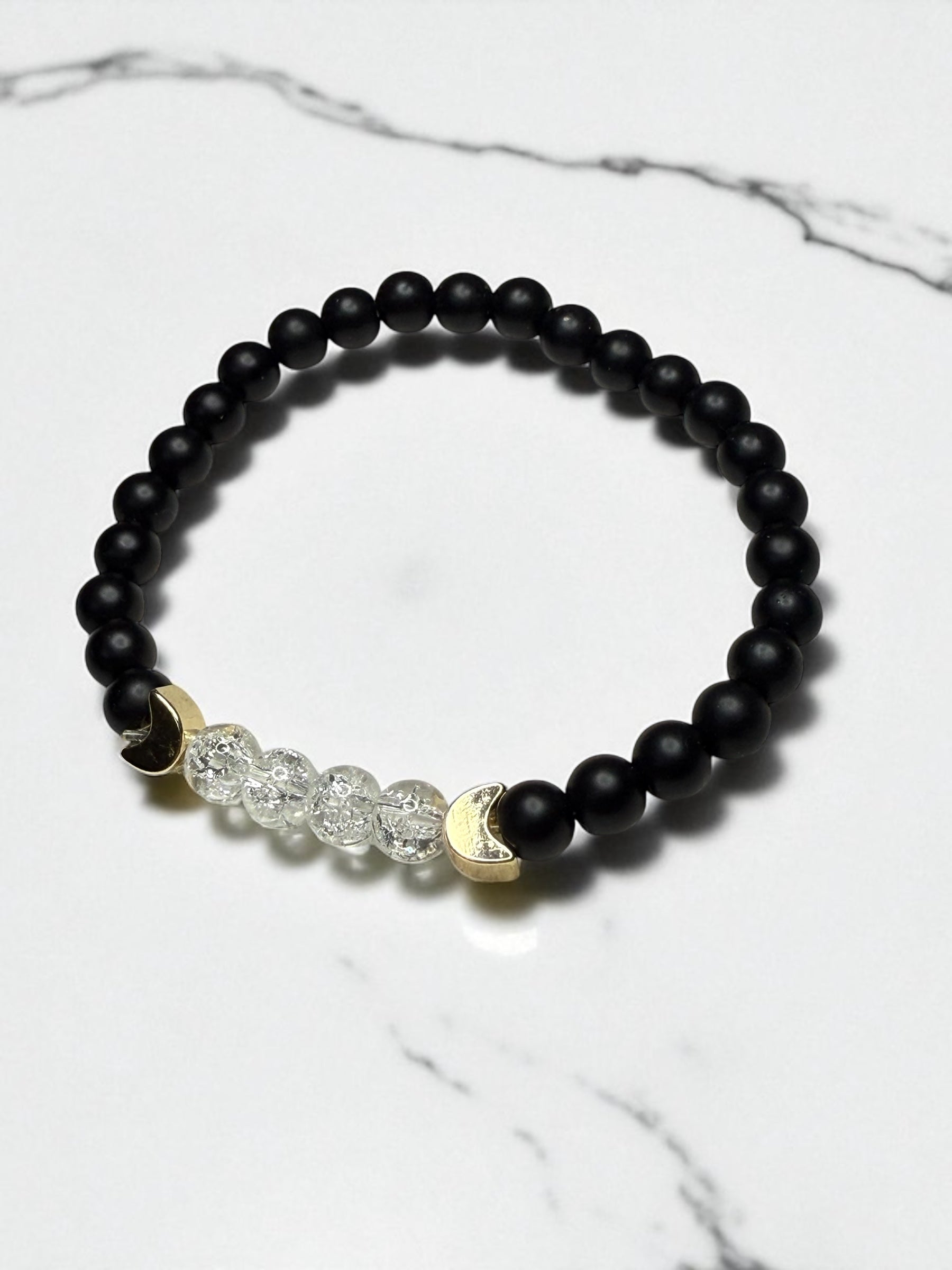 Black Onyx & Crystal Moon Bracelet: Gold Spacers, Handmade