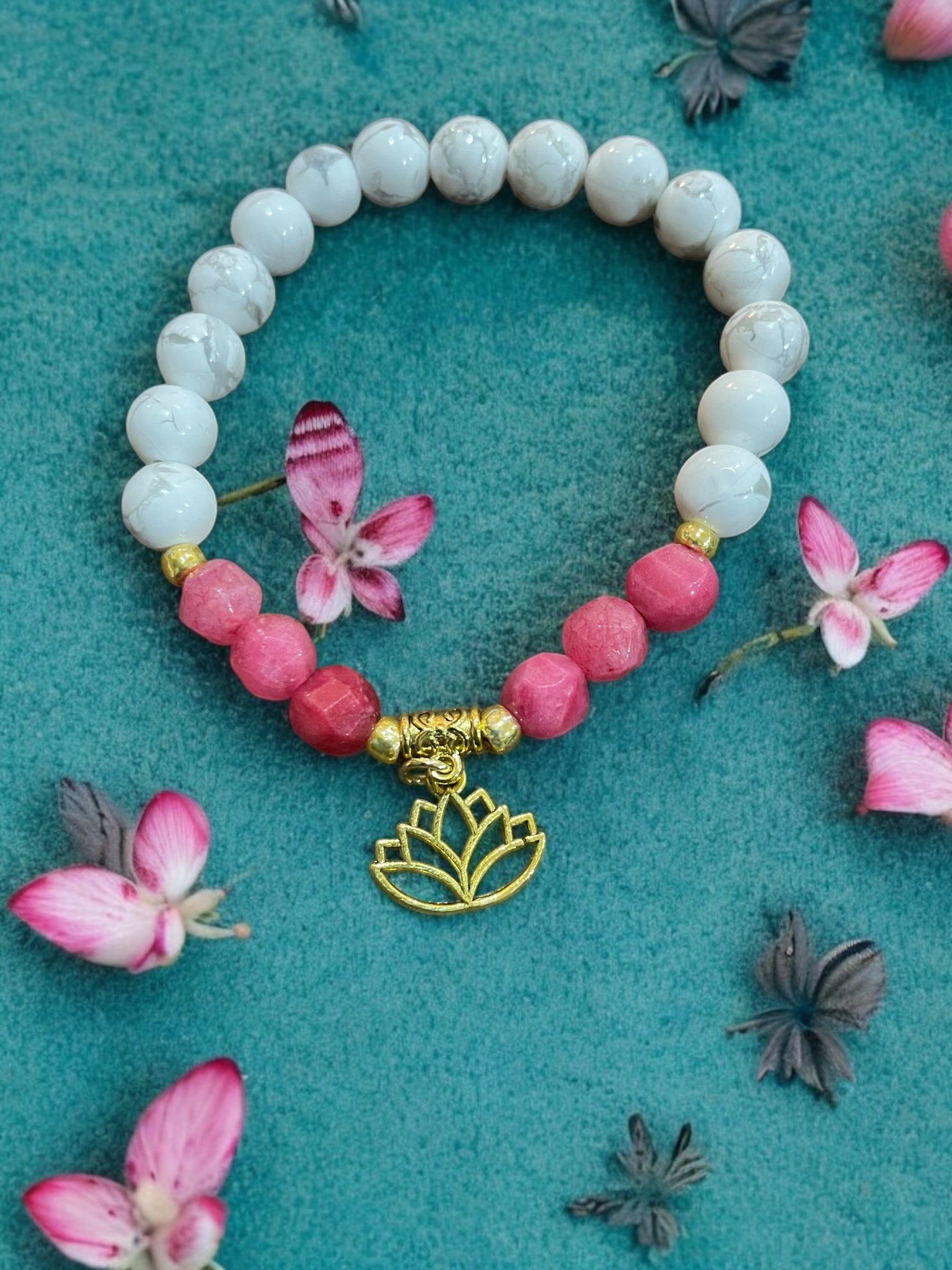 White Howlite Bracelet: Lotus Charm, Colored Quartz