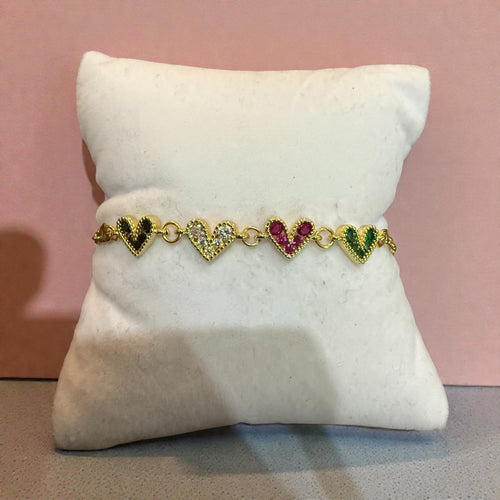 18k Gold Heart Link Chain Bracelet , Colorful Gemstone Hearts