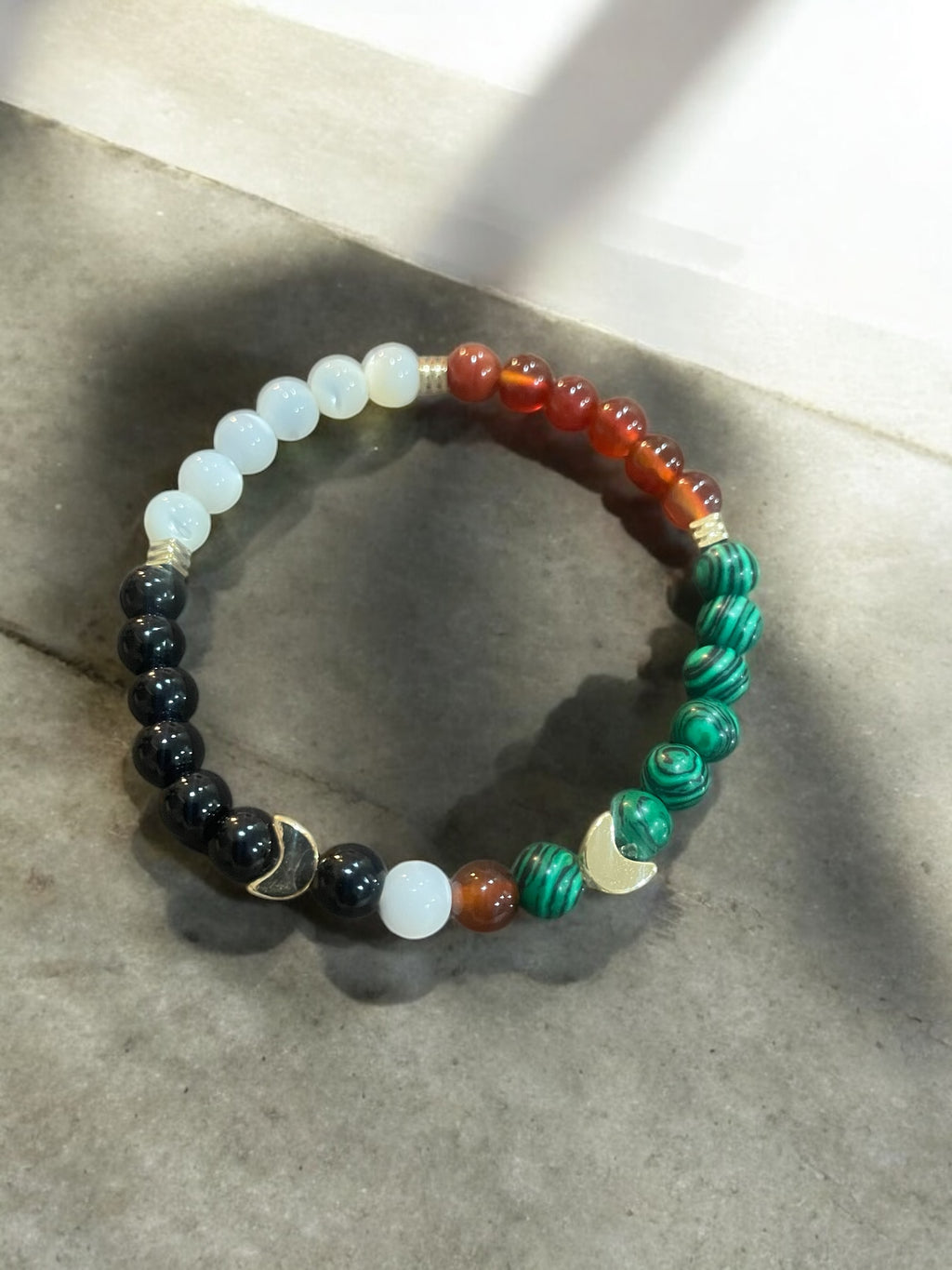 Handmade Beaded Bracelet: Moonstone, Agate, Malachite & Pearl