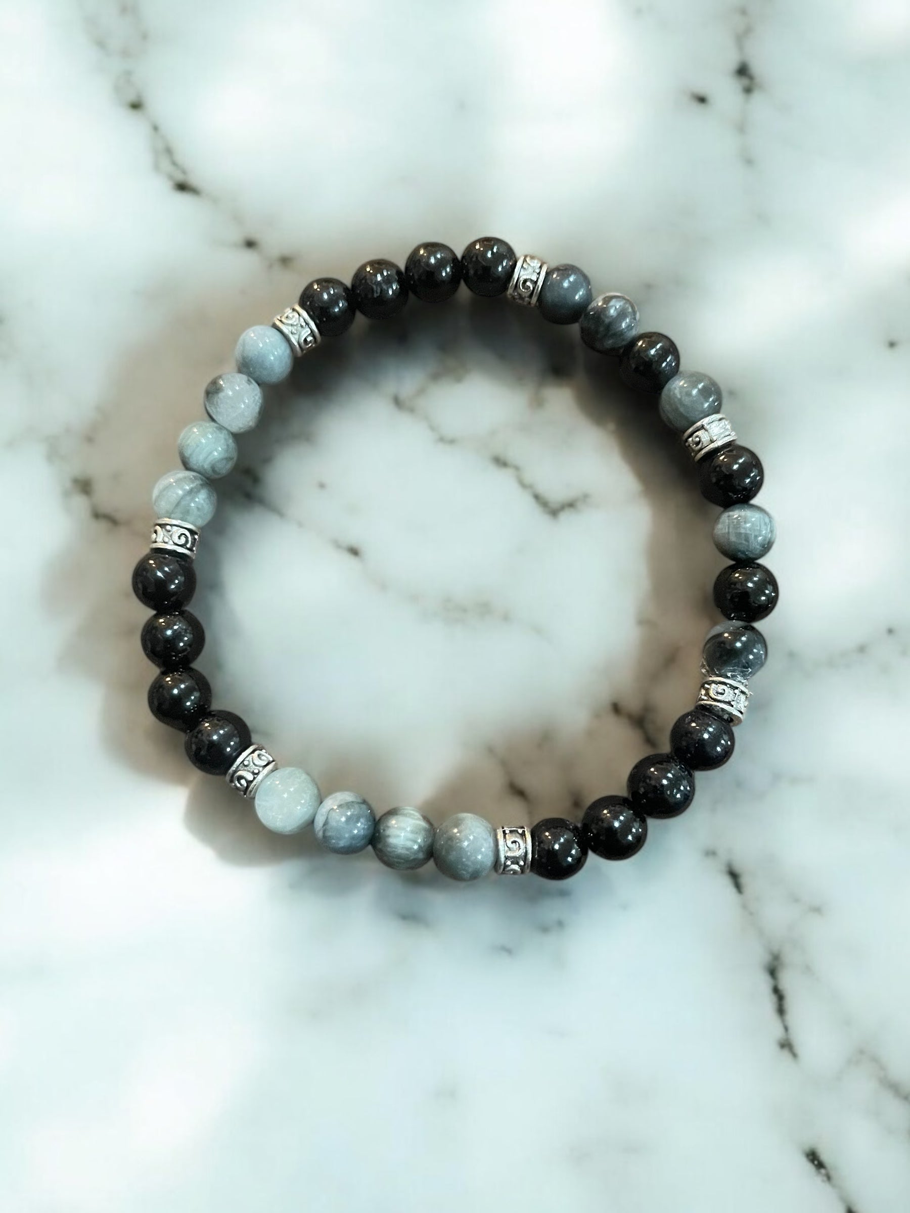 Handmade Black Hawk Eye Beaded Bracelet with Silver Spacers