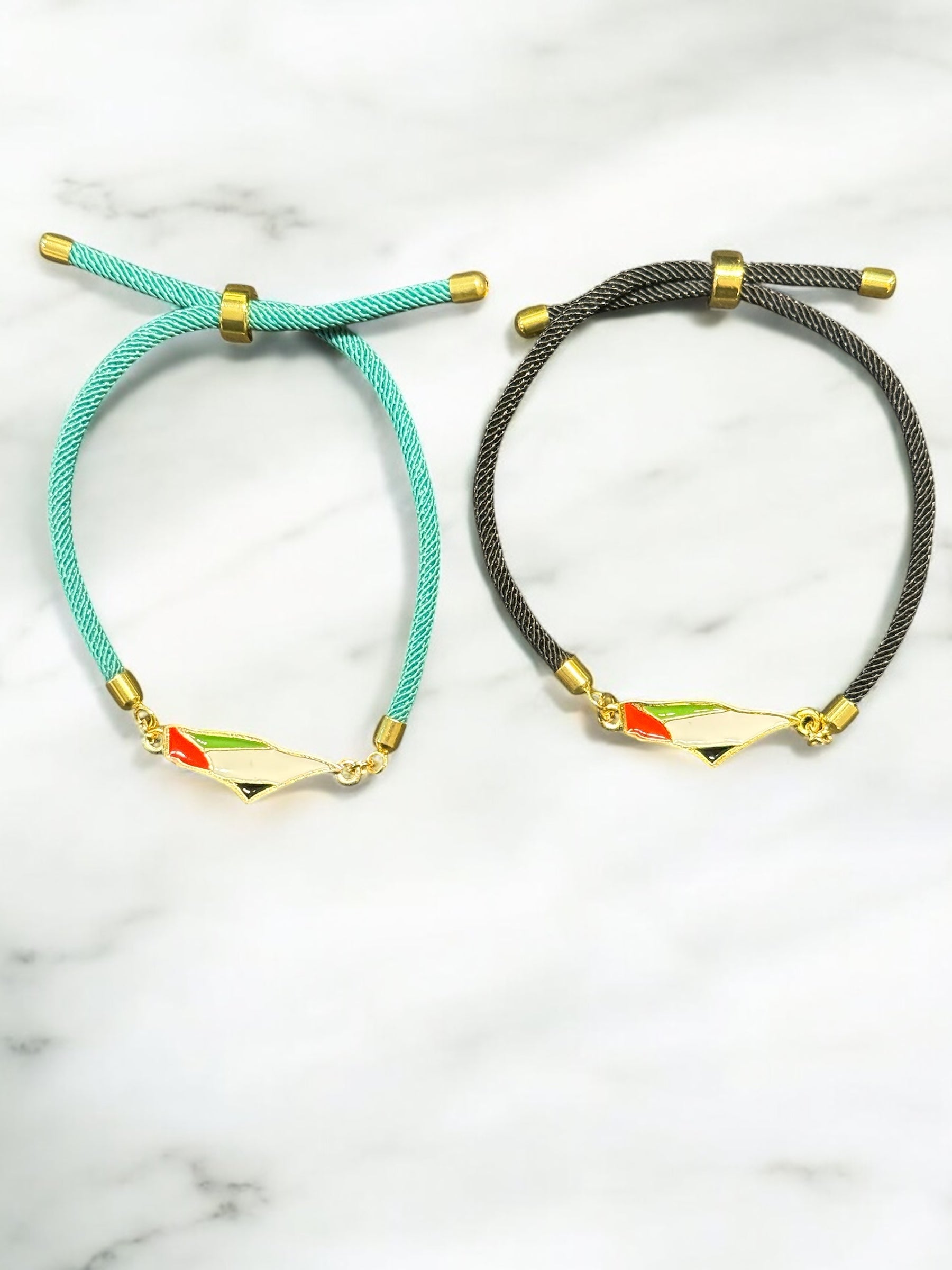 Palestine Flag Bracelet on Cord with Gold-Tone Accents