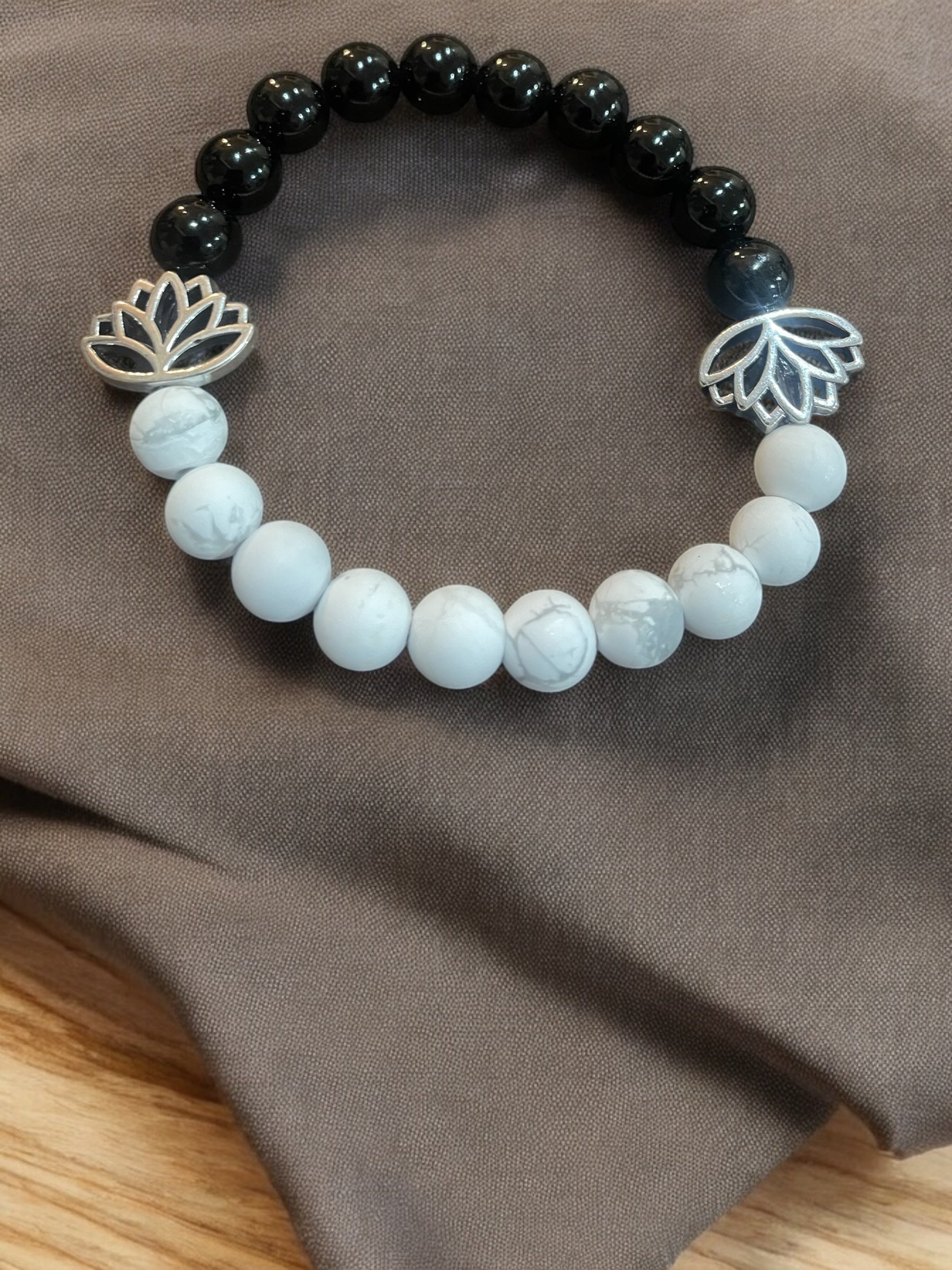 Lotus Charm Bracelet: Black Glass, Howlite, or Agate Gemstone