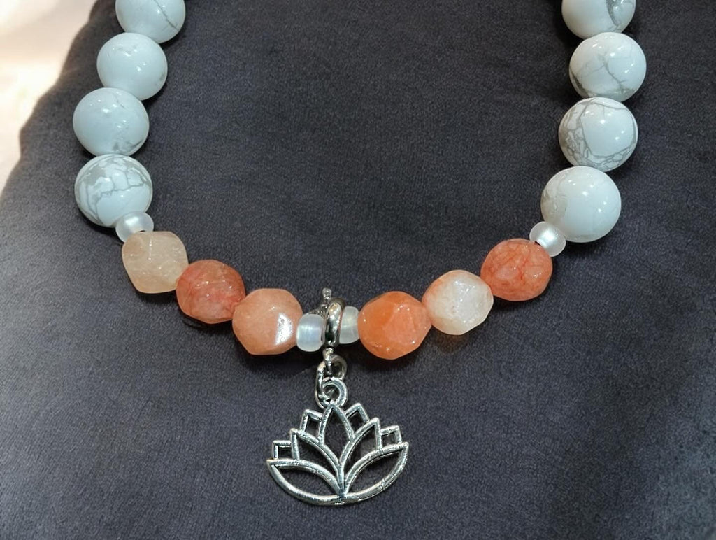 White Howlite Bracelet: Lotus Charm, Colored Quartz