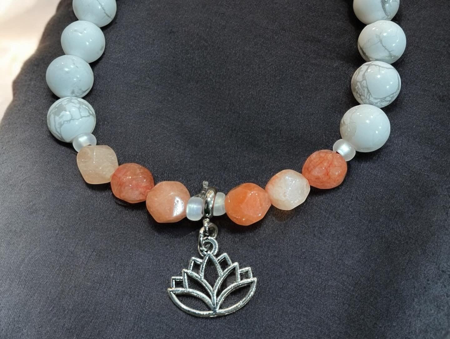 White Howlite Bracelet: Lotus Charm, Colored Quartz
