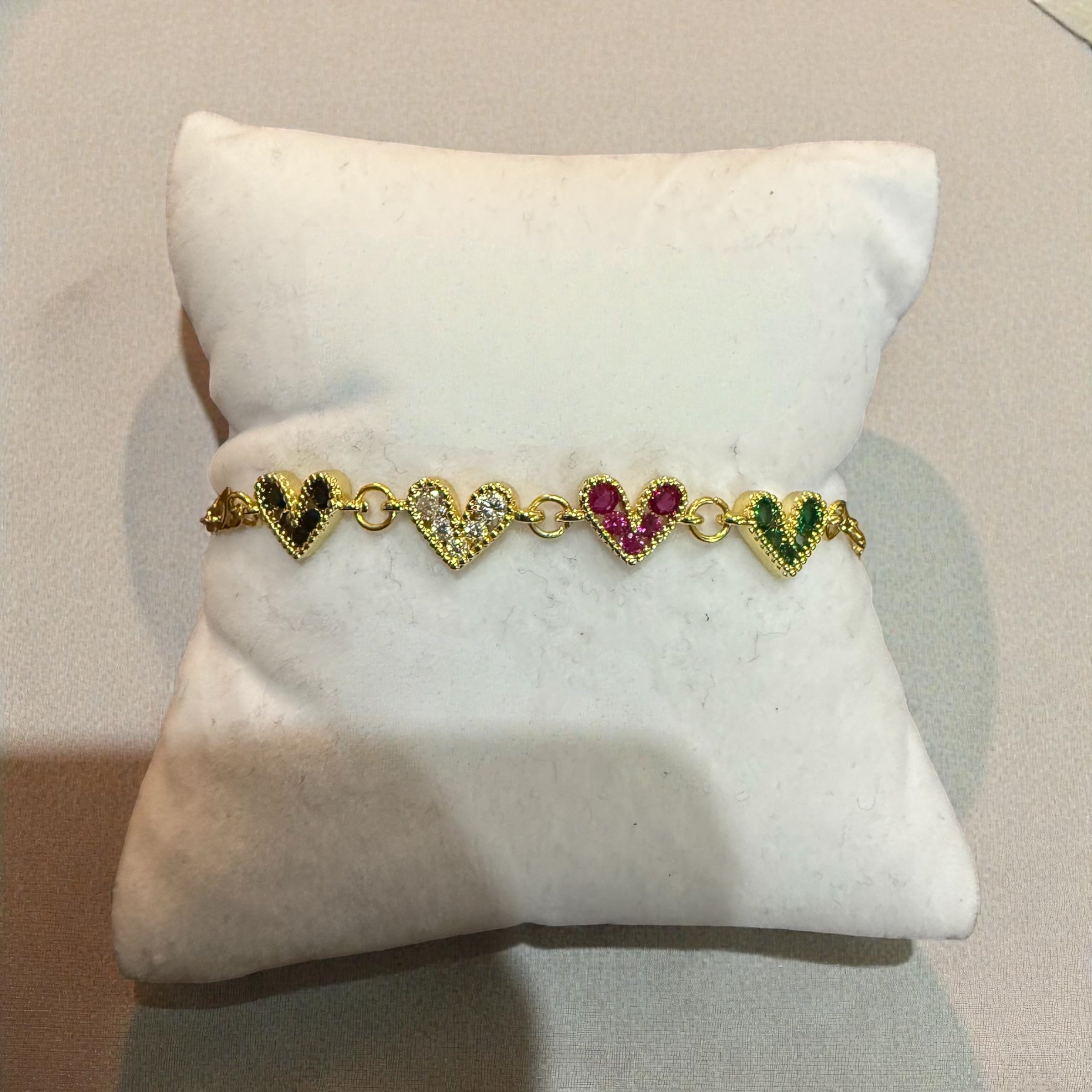 18k Gold Heart Link Chain Bracelet , Colorful Gemstone Hearts