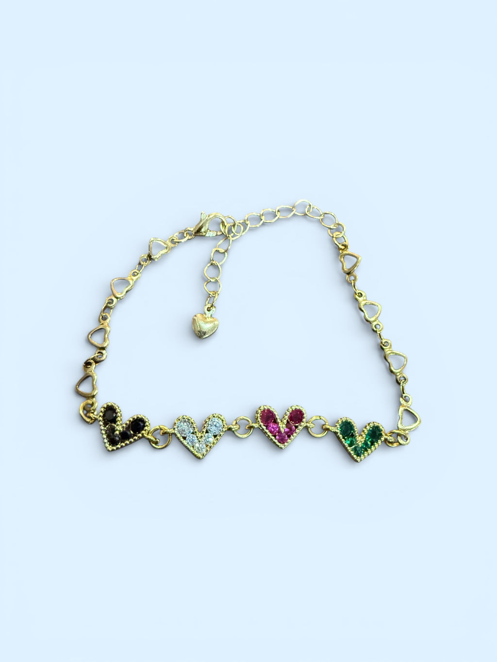 18k Gold Heart Link Chain Bracelet , Colorful Gemstone Hearts