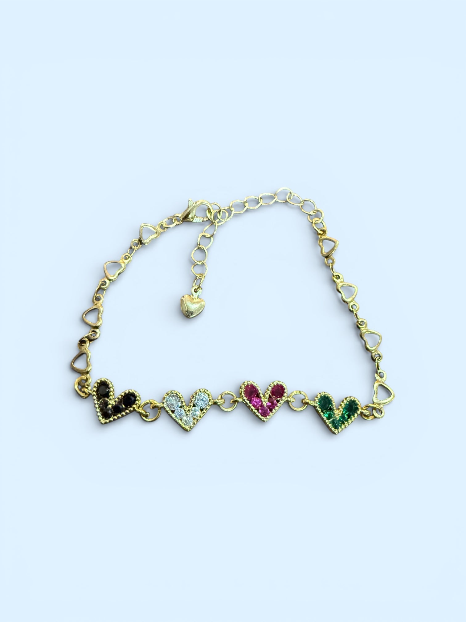 18k Gold Heart Link Chain Bracelet , Colorful Gemstone Hearts