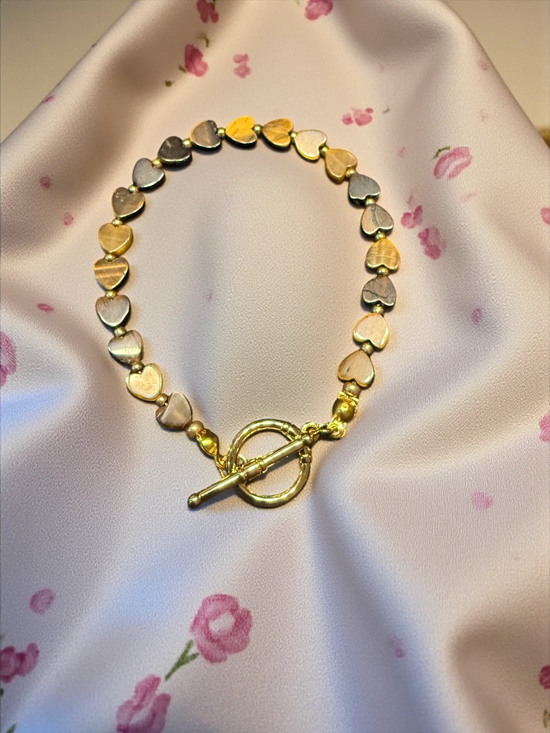 Handmade Gemstone Heart Bracelet: Black Onyx, Quartz, Tiger Eye
