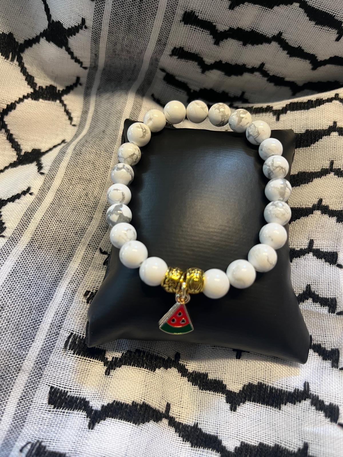 Handmade Gemstone Stretch Bracelet with Watermelon Charm