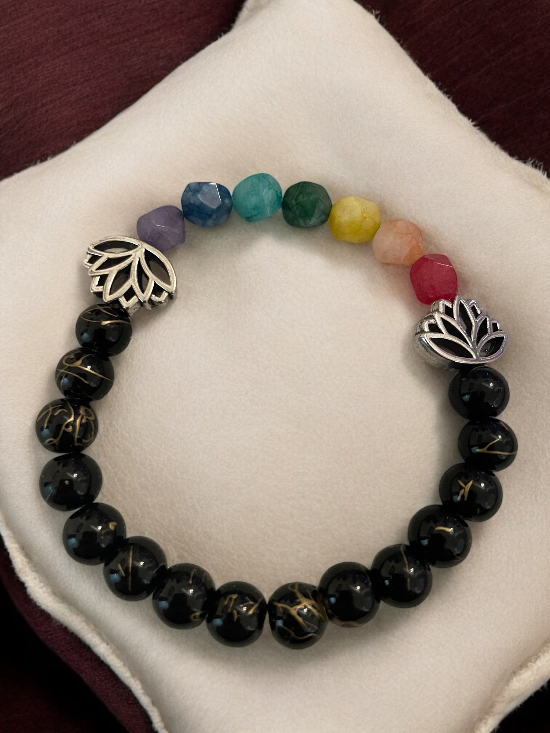 Lotus Charm Bracelet: Black Glass, Howlite, or Agate Gemstone