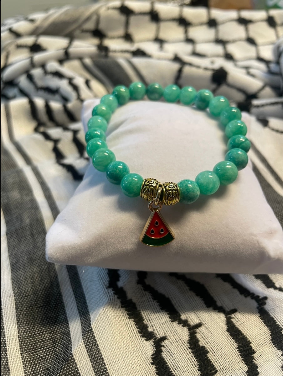 Handmade Gemstone Stretch Bracelet with Watermelon Charm
