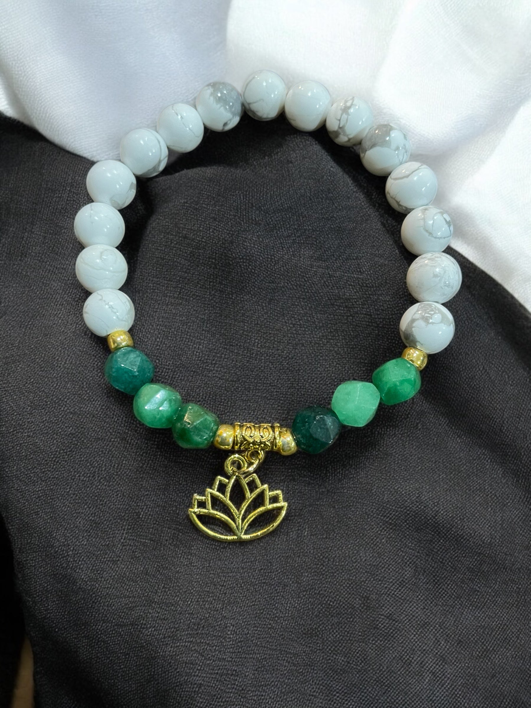 White Howlite Bracelet: Lotus Charm, Colored Quartz