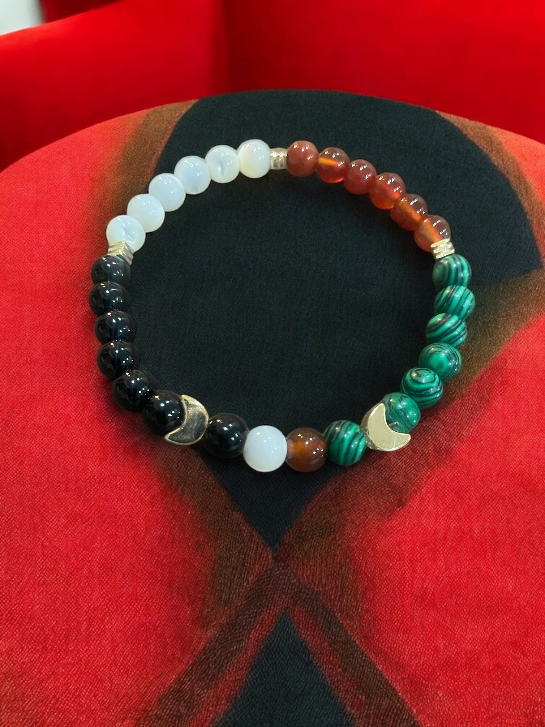 Handmade Beaded Bracelet: Moonstone, Agate, Malachite & Pearl