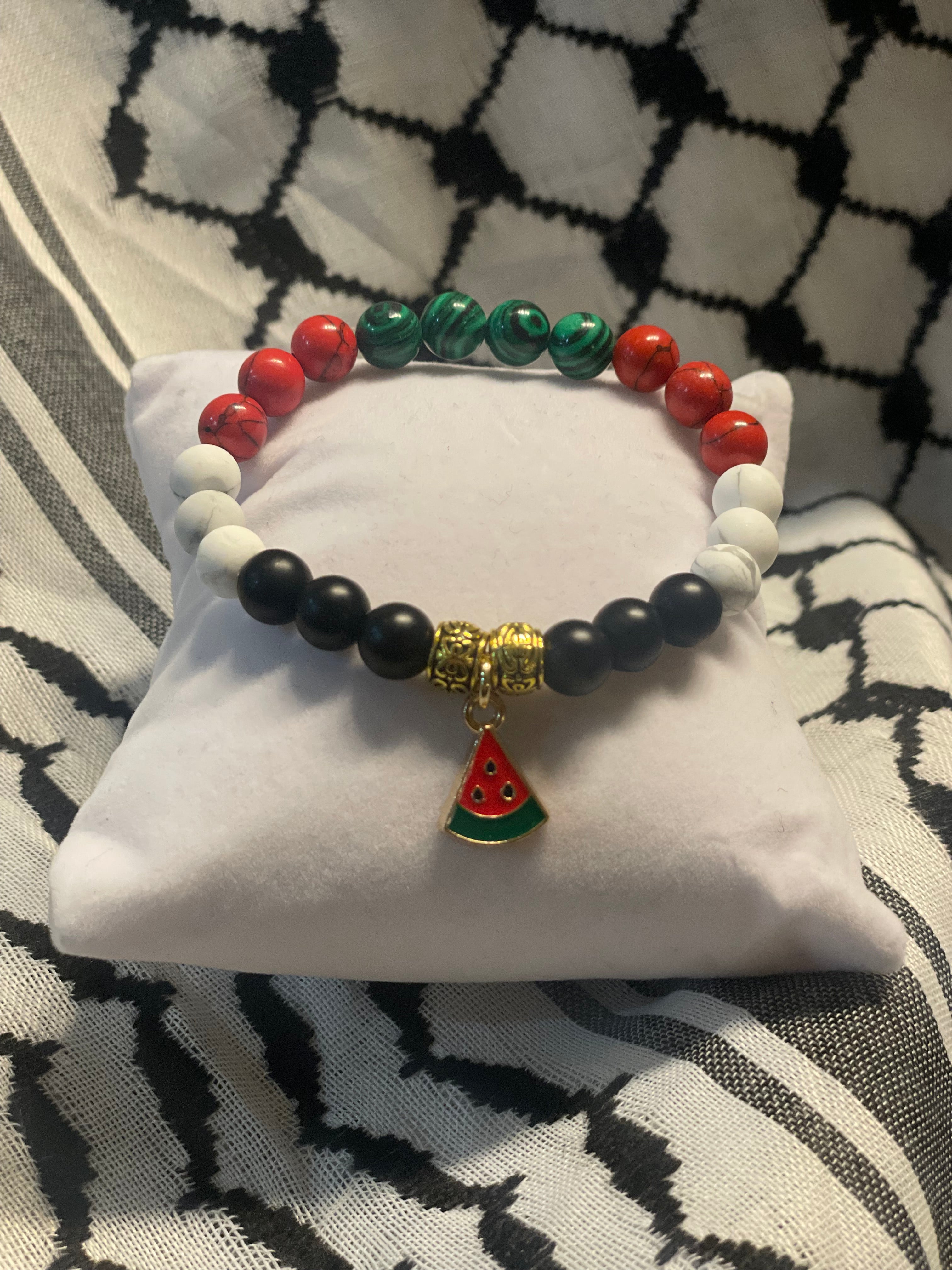 Handmade Gemstone Stretch Bracelet with Watermelon Charm