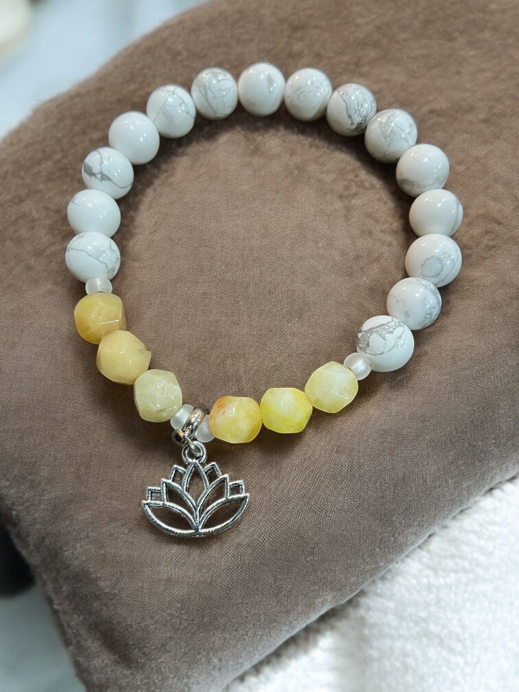 White Howlite Bracelet: Lotus Charm, Colored Quartz