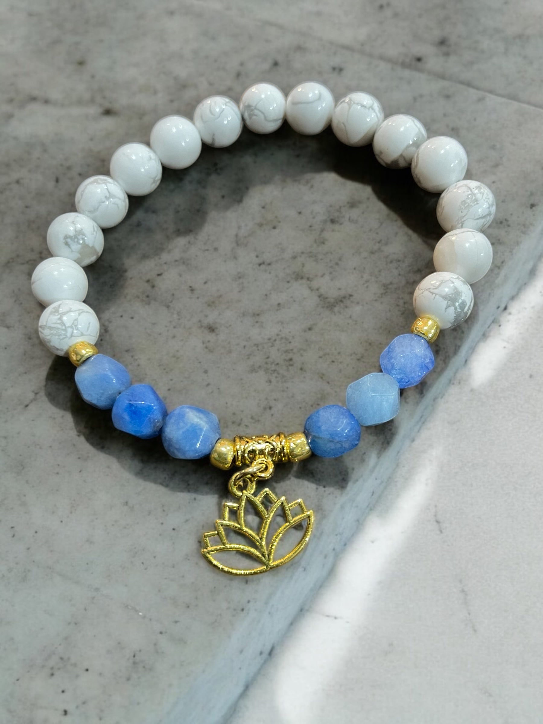 White Howlite Bracelet: Lotus Charm, Colored Quartz