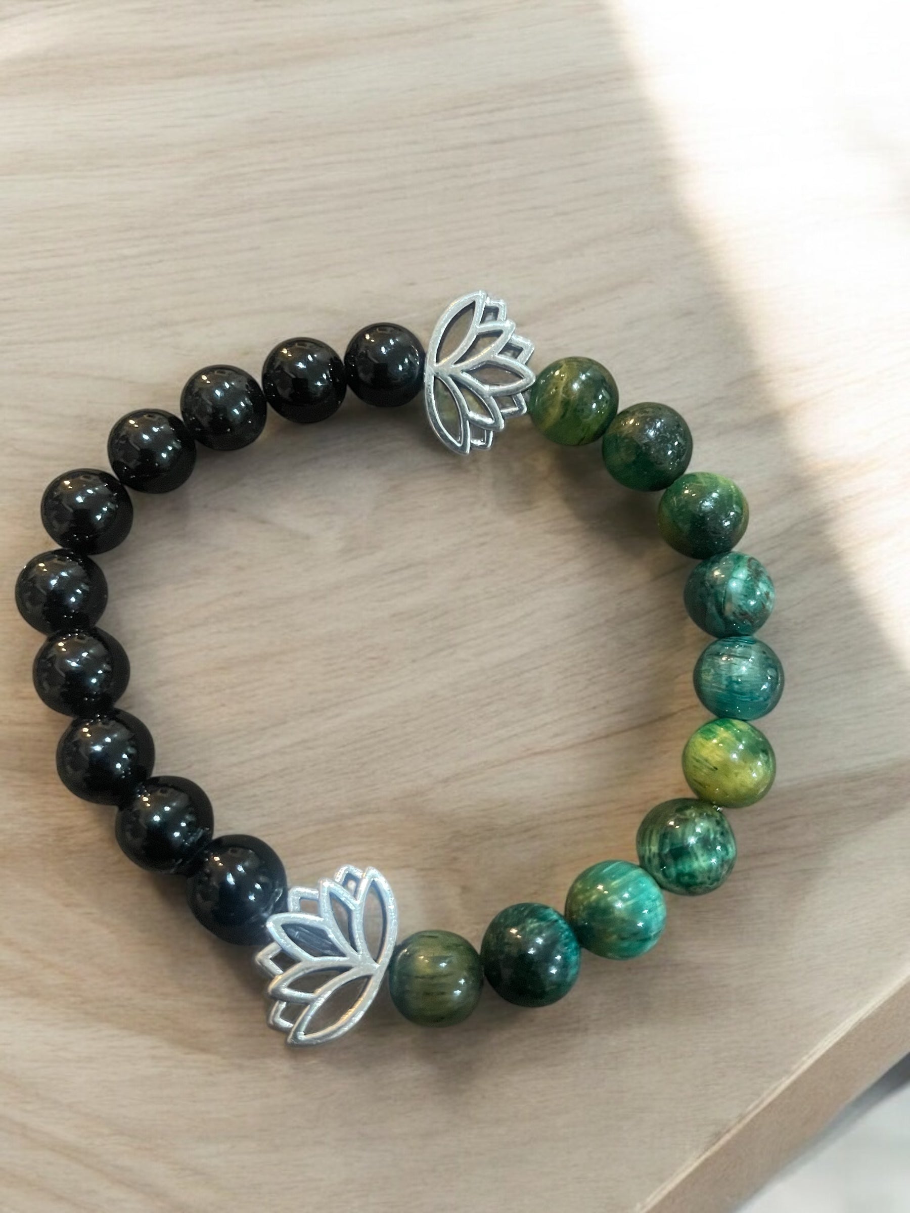 Lotus Charm Bracelet: Black Glass, Howlite, or Agate Gemstone