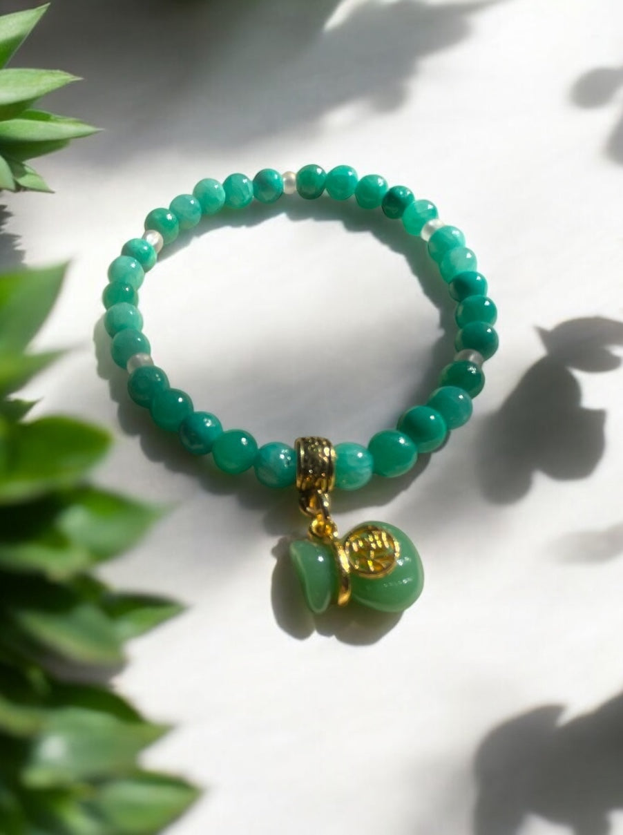 Handmade Aqua Green Gemstone Bracelet: Jade Money Bag Charm