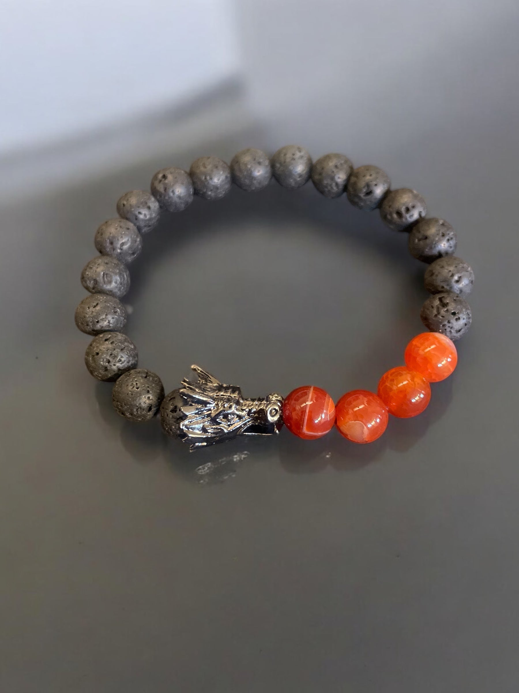Handmade Lava Bead Bracelet: Dragon Head, Fire Agate & Black Onyx