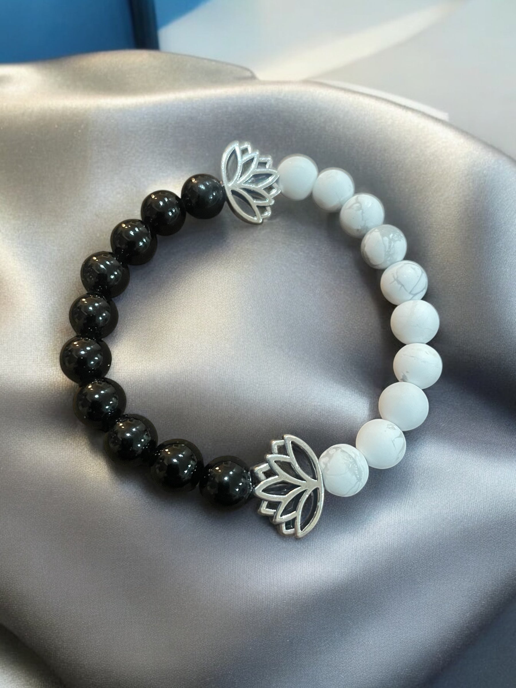 Lotus Charm Bracelet: Black Glass, Howlite, or Agate Gemstone