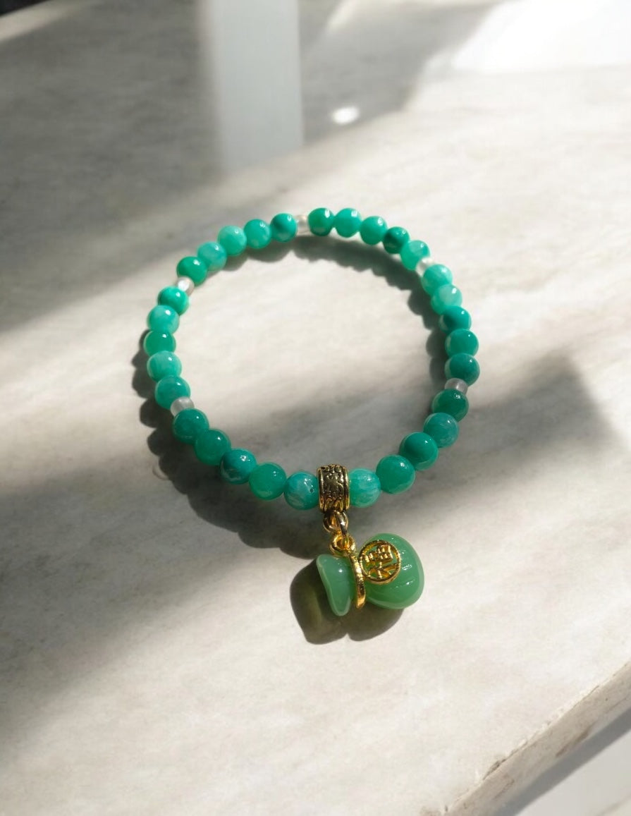 Handmade Aqua Green Gemstone Bracelet: Jade Money Bag Charm