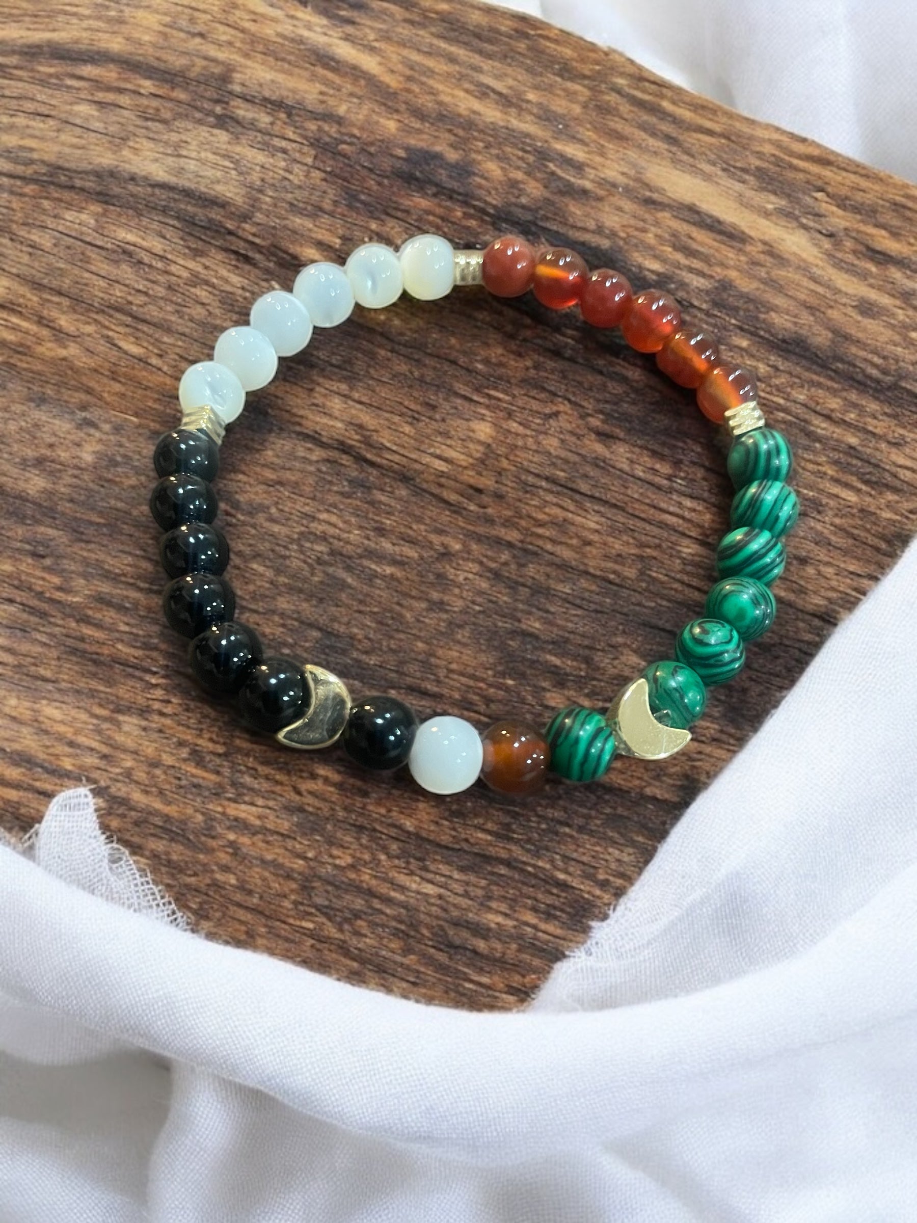 Handmade Beaded Bracelet: Moonstone, Agate, Malachite & Pearl