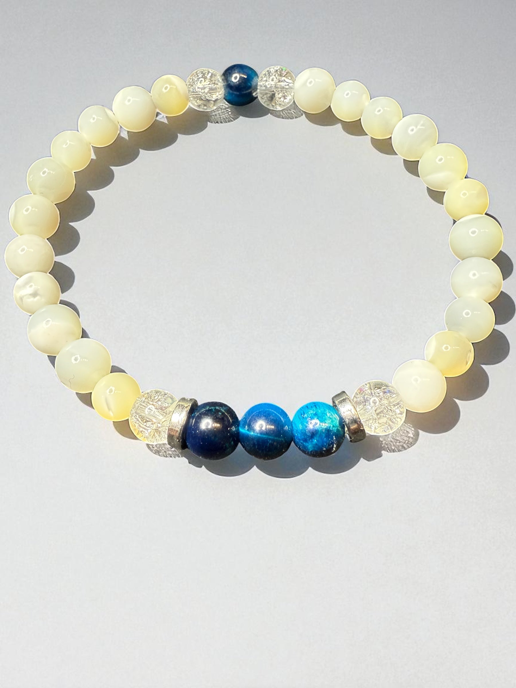 Aquamarine Tiger Eye Bead Bracelet: Mother of Pearl Stretch Jewelry