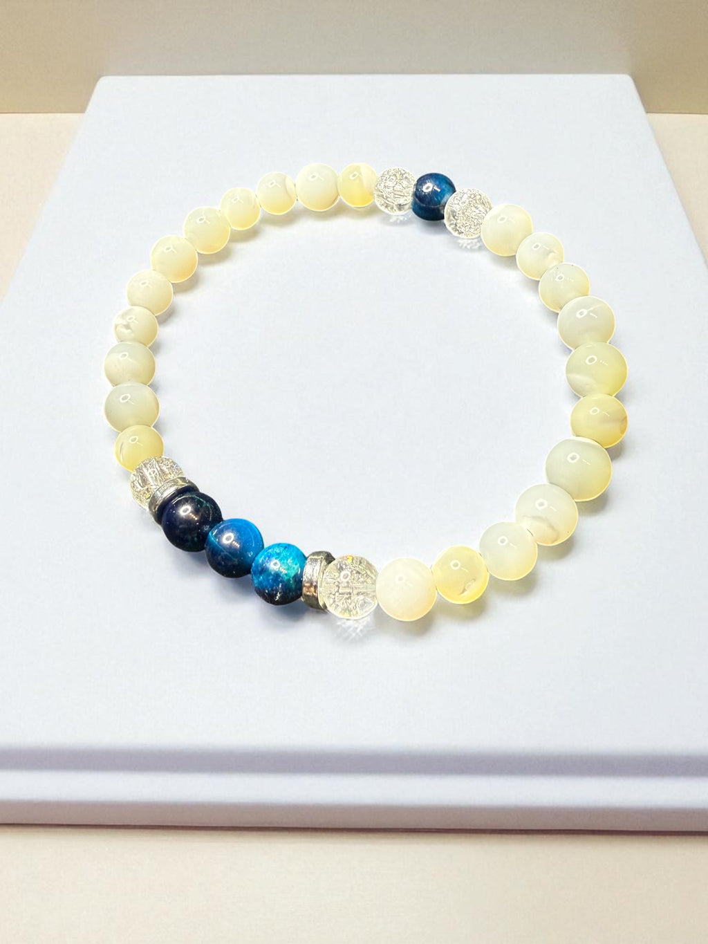 Aquamarine Tiger Eye Bead Bracelet: Mother of Pearl Stretch Jewelry