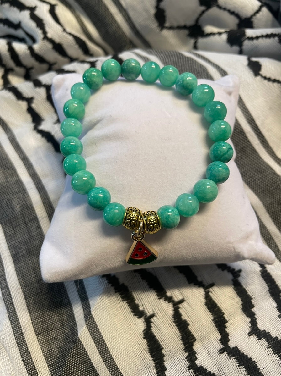 Handmade Gemstone Stretch Bracelet with Watermelon Charm