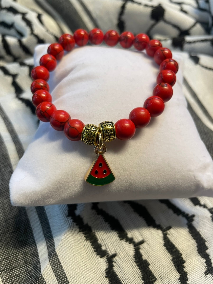 Handmade Gemstone Stretch Bracelet with Watermelon Charm