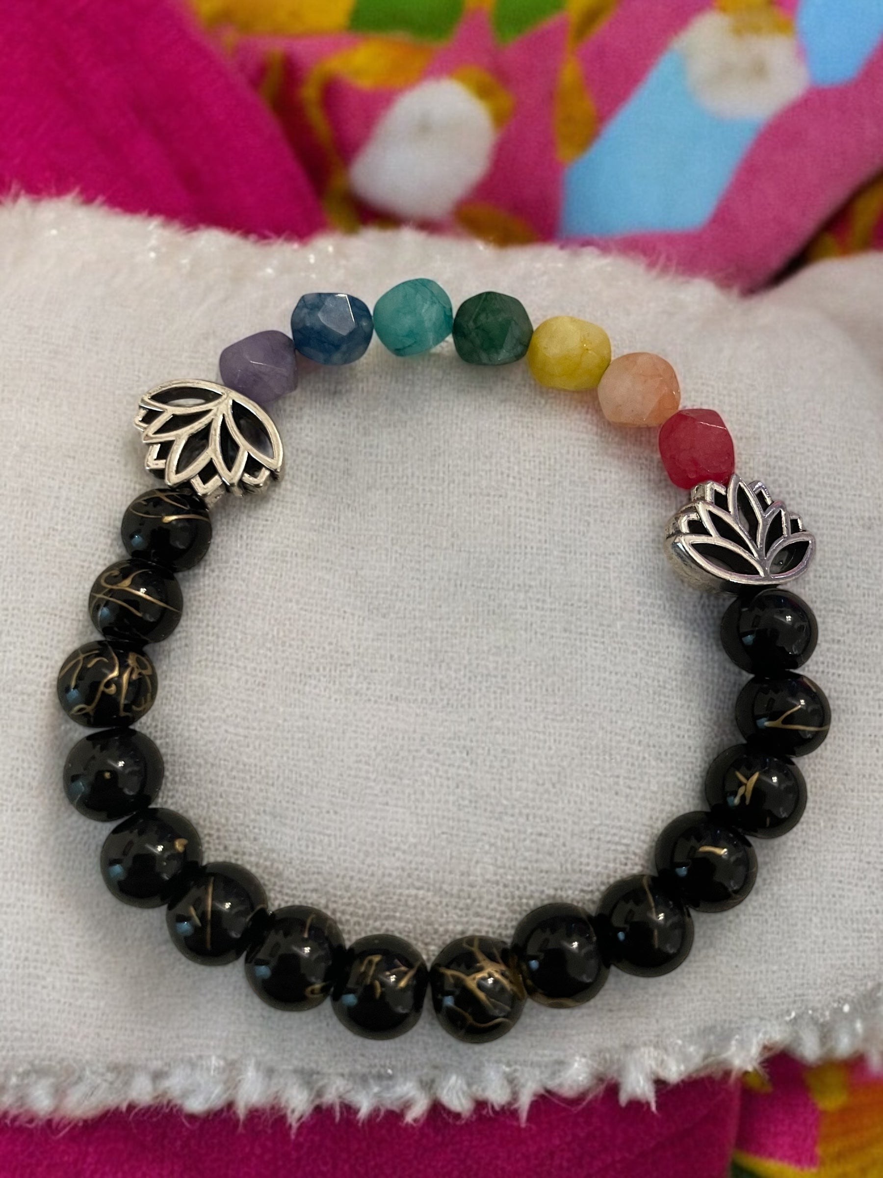 Lotus Charm Bracelet: Black Glass, Howlite, or Agate Gemstone