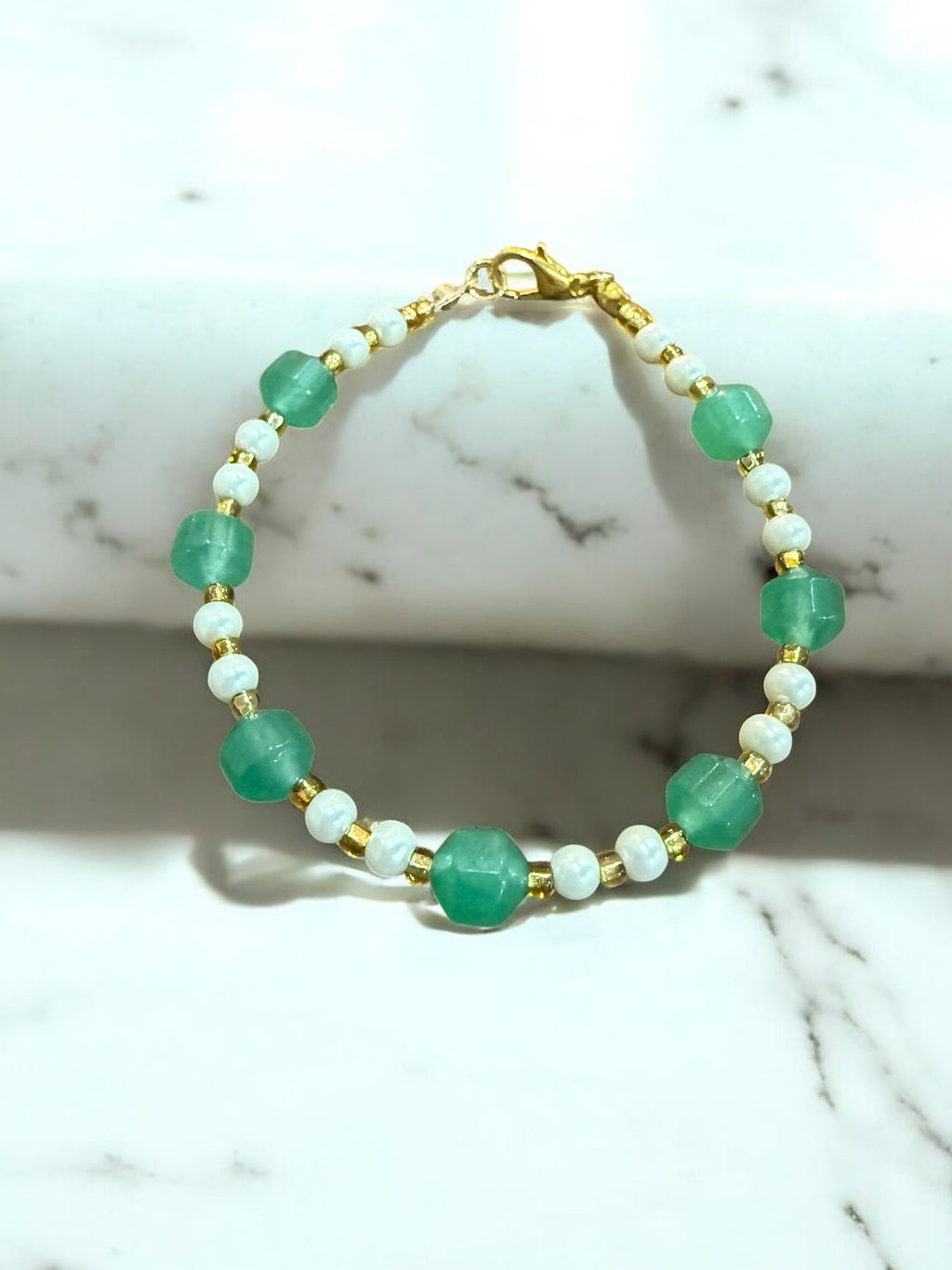 Pearls and Stones Bracelet - Simple Design with Green Aventurine and Pearls on Gold-Tone Wire