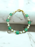 Pearls and Stones Bracelet - Simple Design with Green Aventurine and Pearls on Gold-Tone Wire