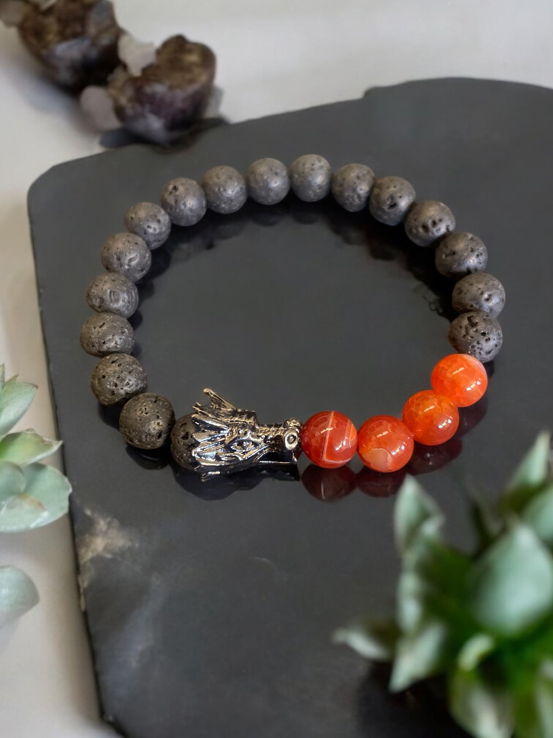 Handmade Lava Bead Bracelet: Dragon Head, Fire Agate & Black Onyx