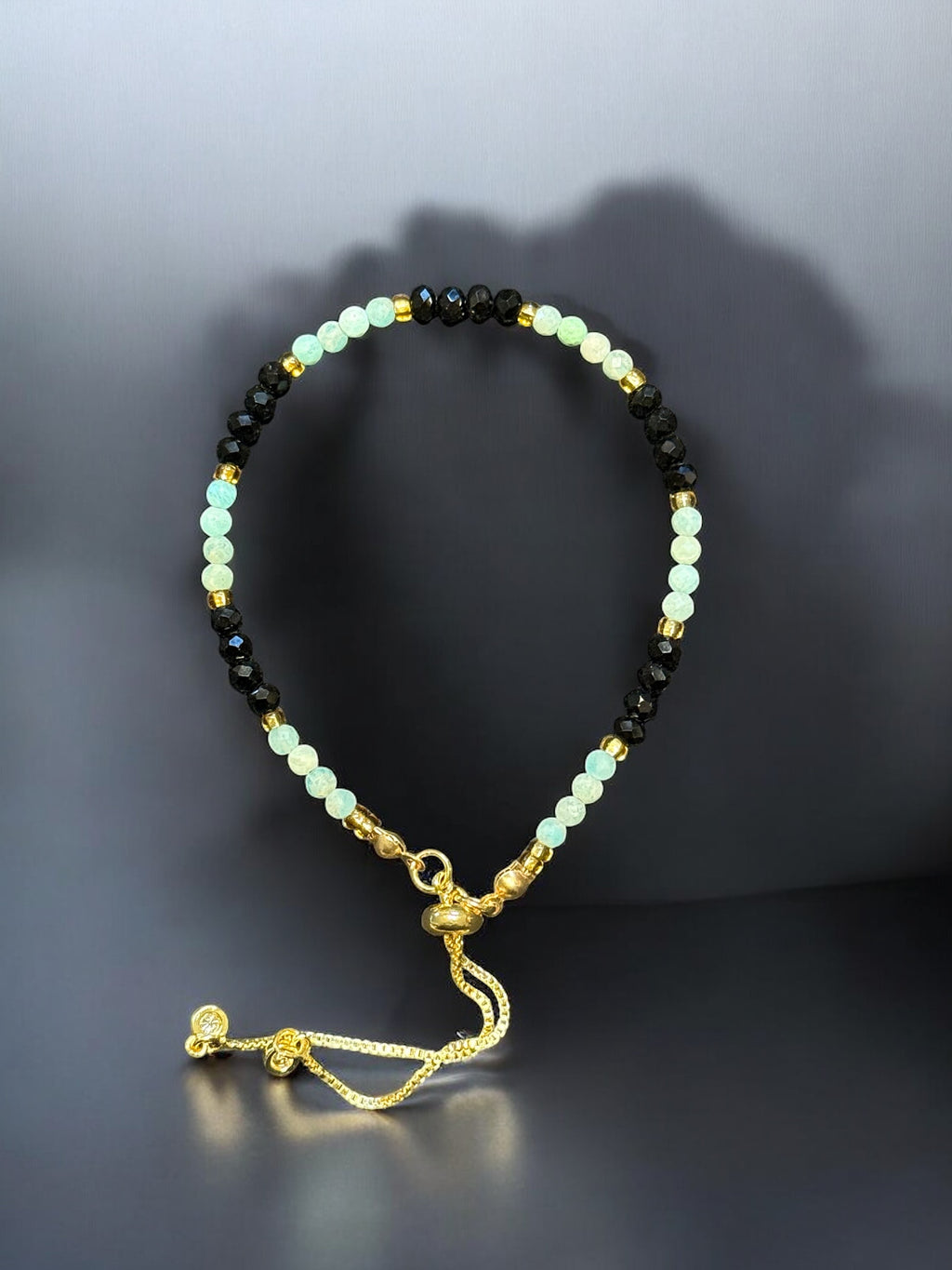 Adjustable Amazonite Bracelet - Gold with Black Faced Beads & Adjustable Design