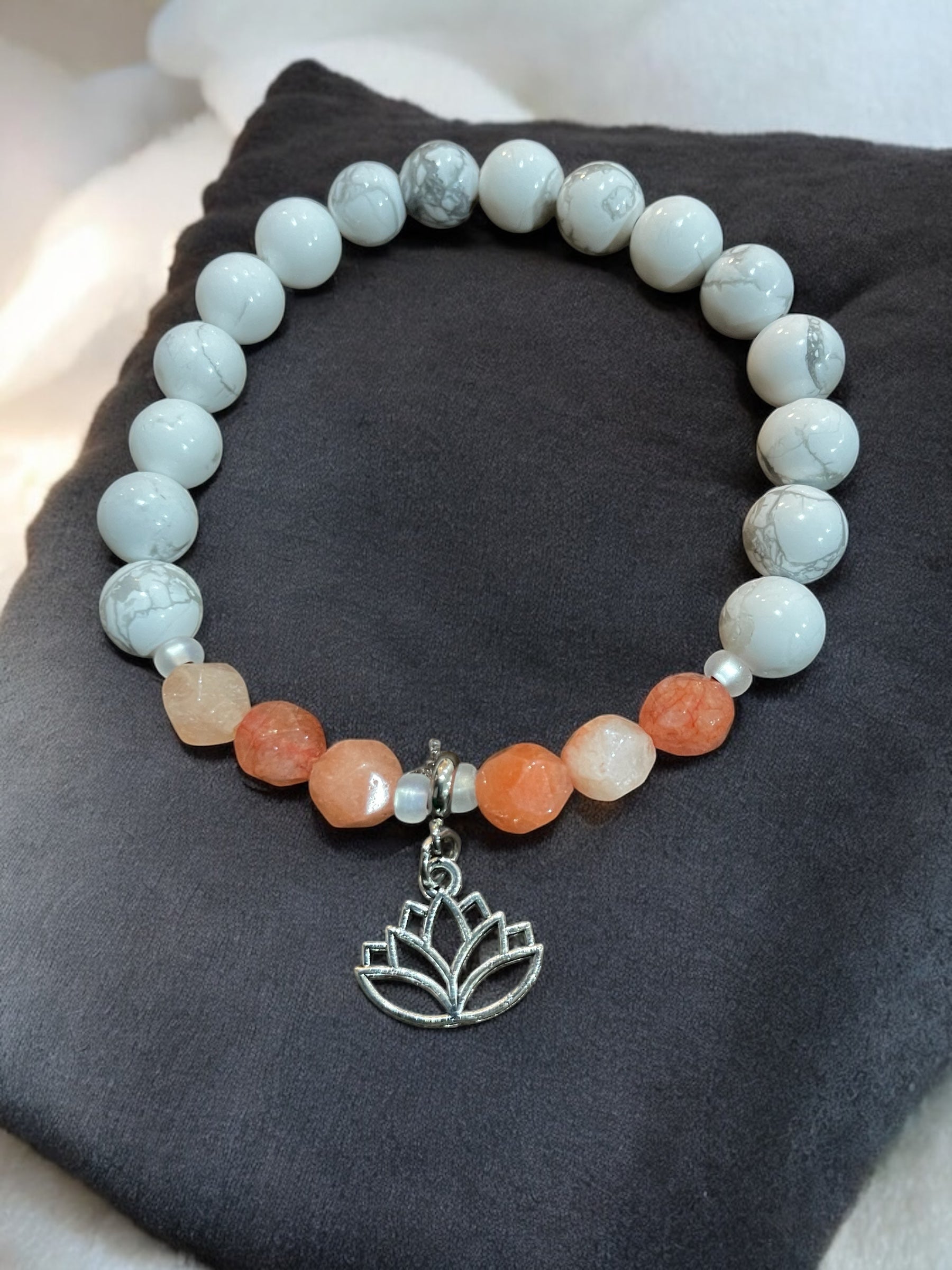 White Howlite Bracelet: Lotus Charm, Colored Quartz