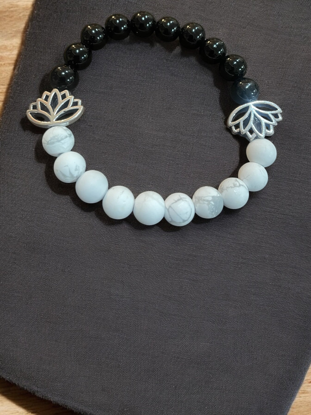 Lotus Charm Bracelet: Black Glass, Howlite, or Agate Gemstone