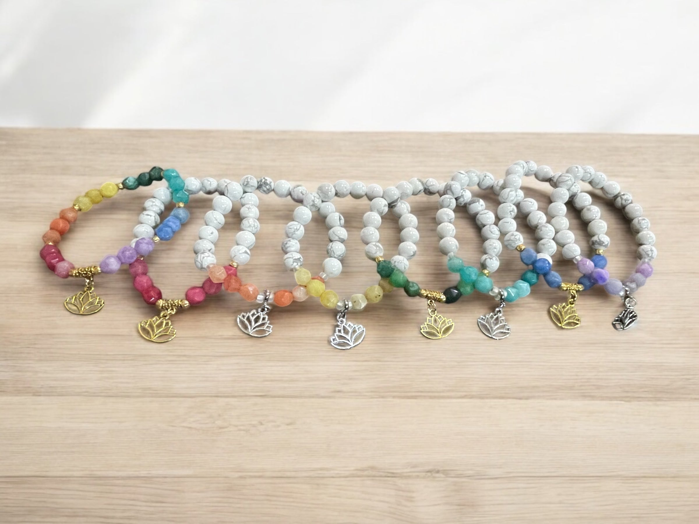 White Howlite Bracelet: Lotus Charm, Colored Quartz