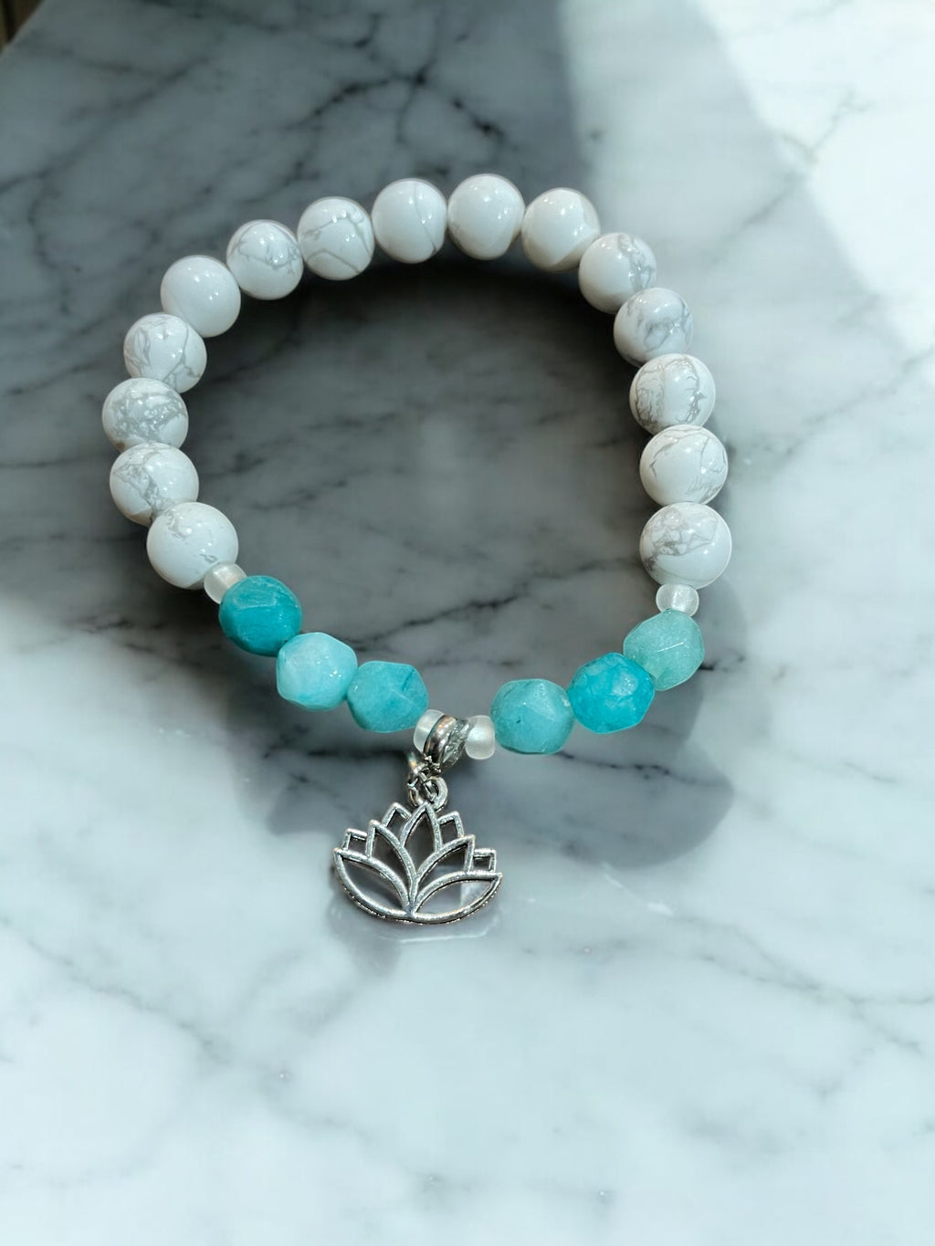 White Howlite Bracelet: Lotus Charm, Colored Quartz