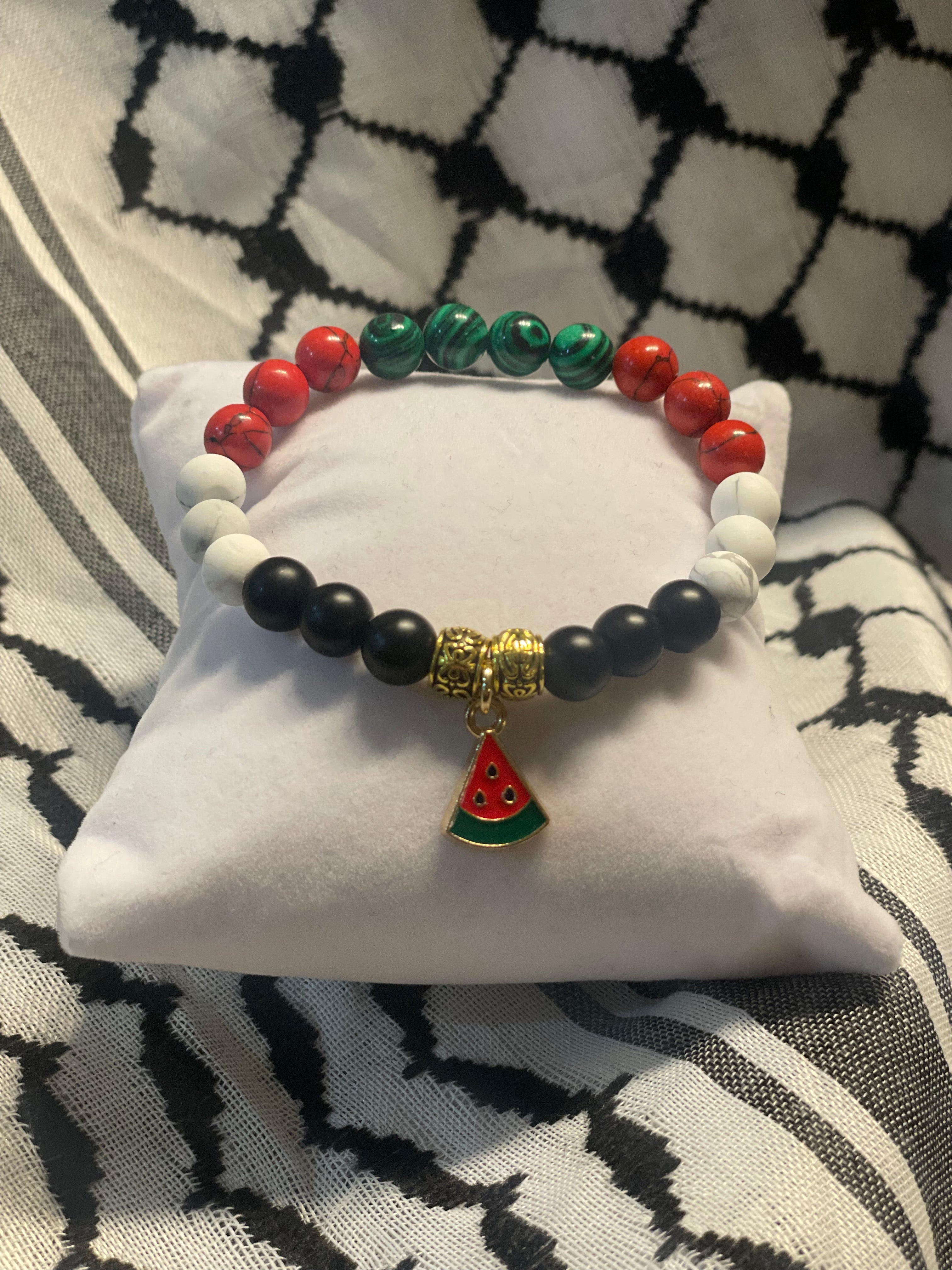 Handmade Gemstone Stretch Bracelet with Watermelon Charm