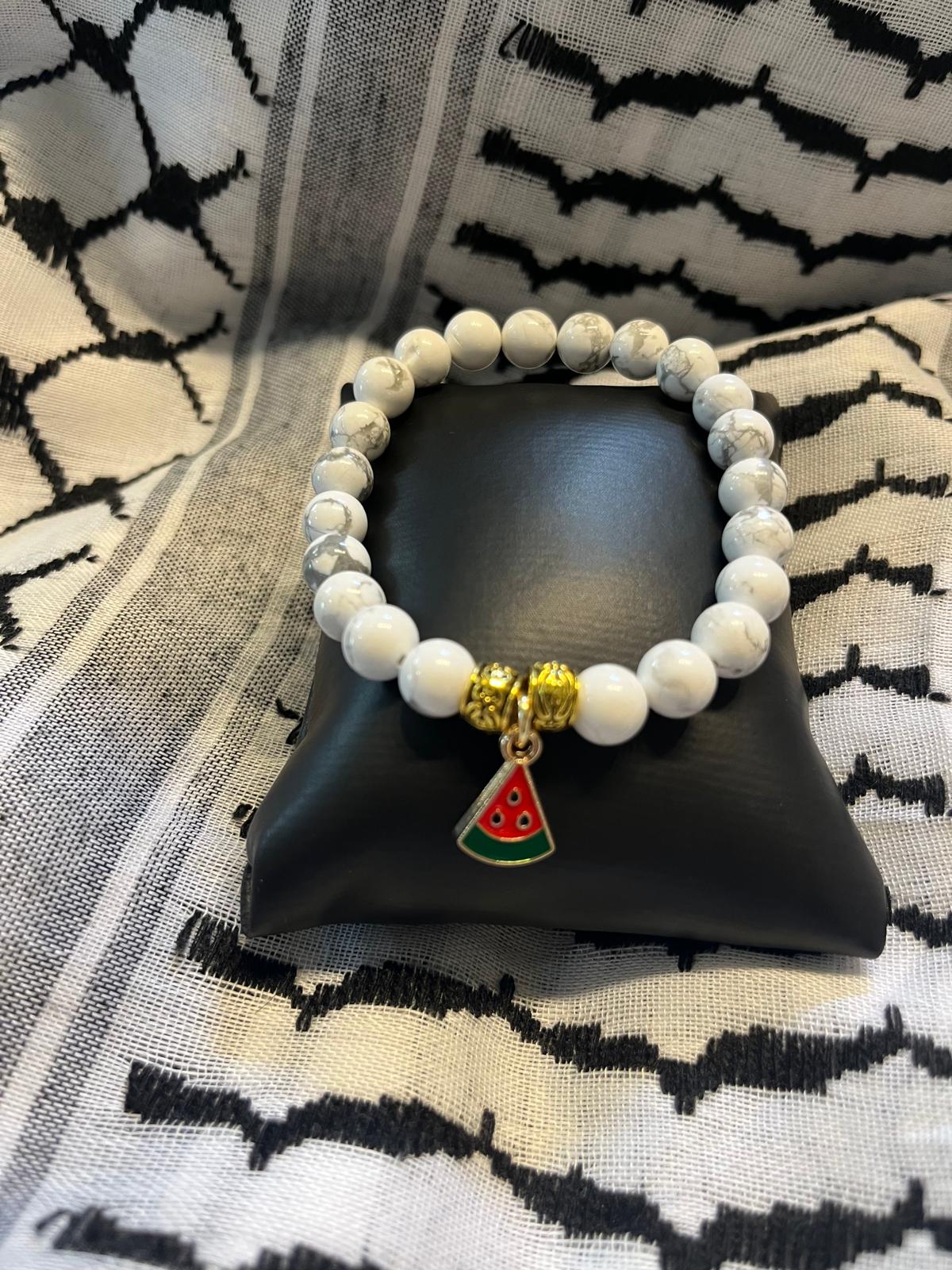 Handmade Gemstone Stretch Bracelet with Watermelon Charm