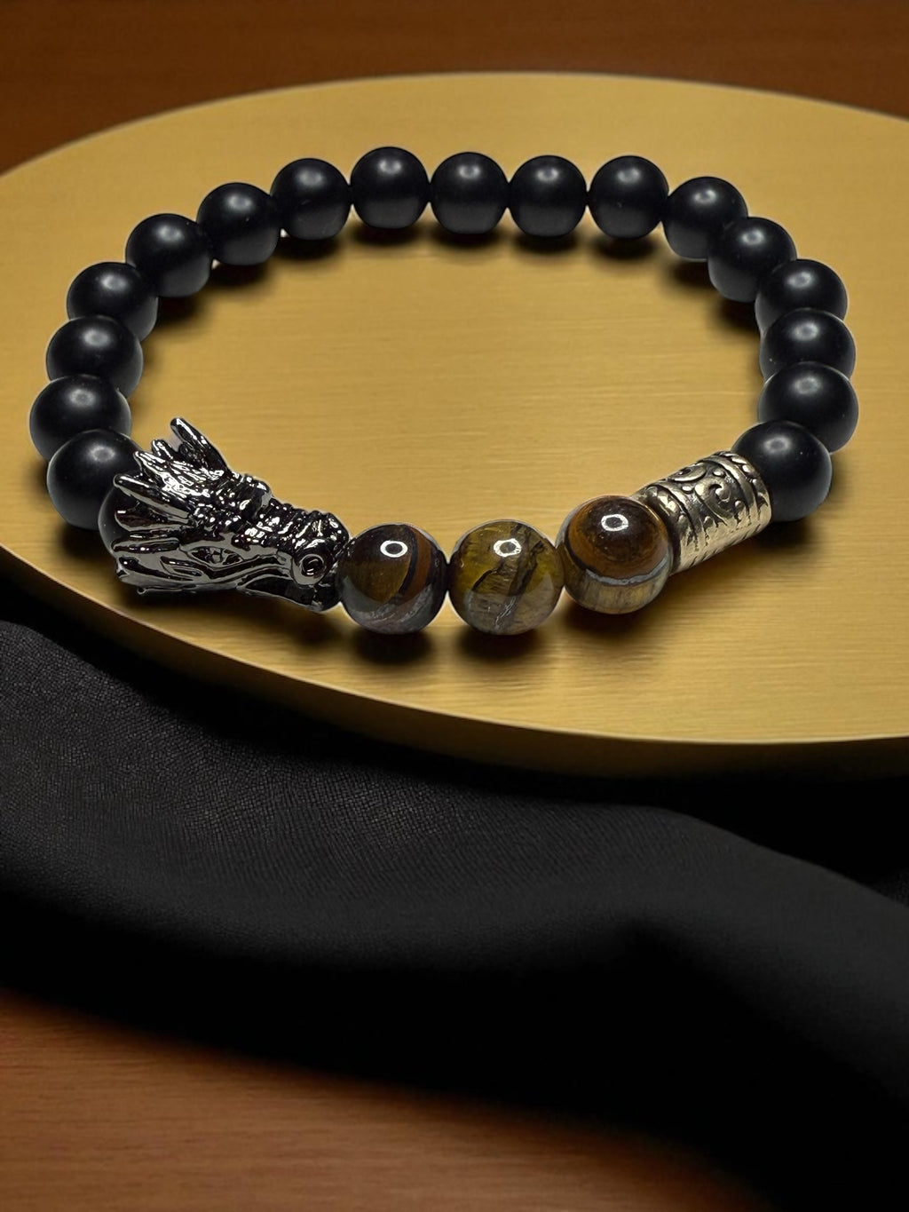 Handmade Lava Bead Bracelet: Dragon Head, Fire Agate & Black Onyx